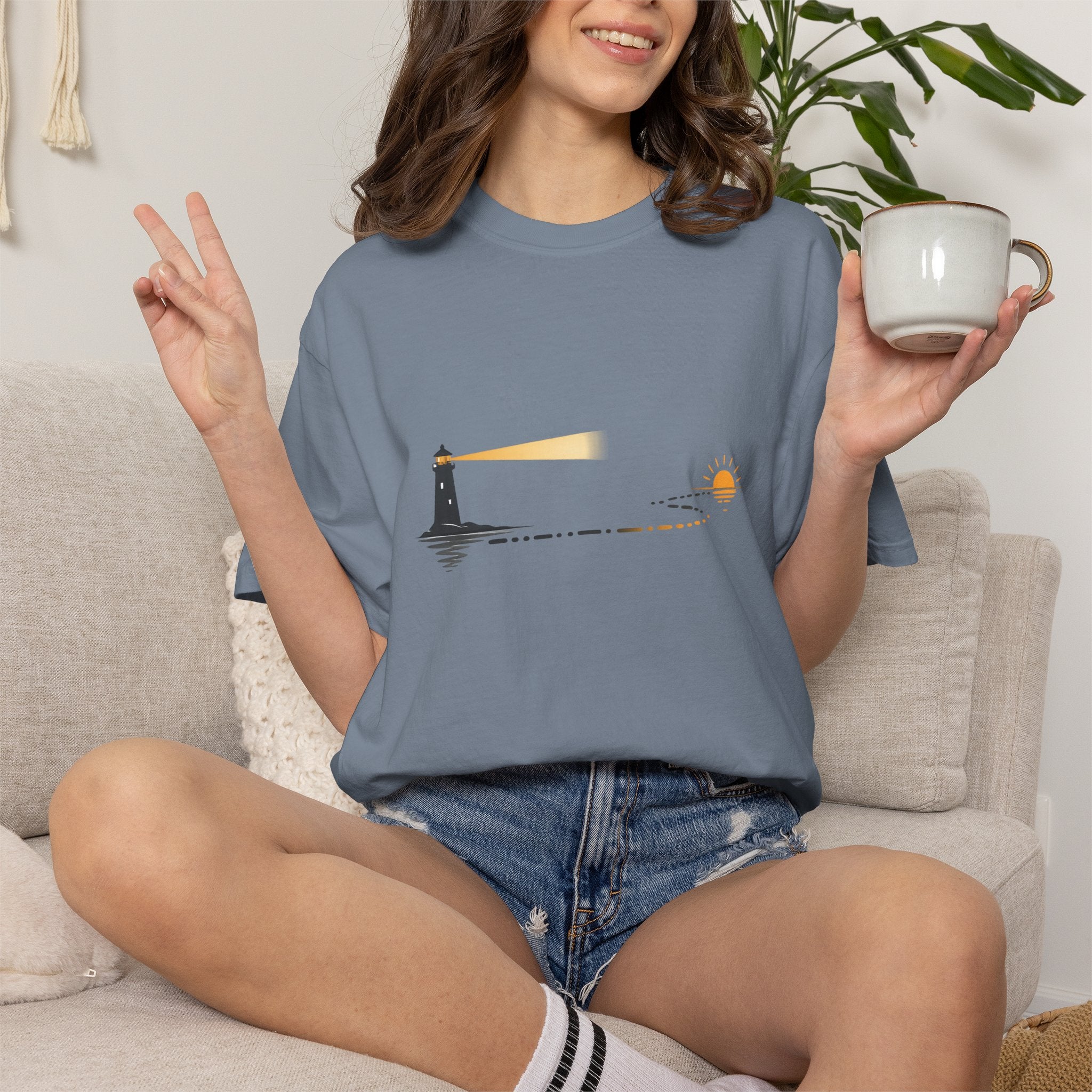 Lighthouse Sunset T-Shirt — Nautical Coastal Tee with Beacon Graphic