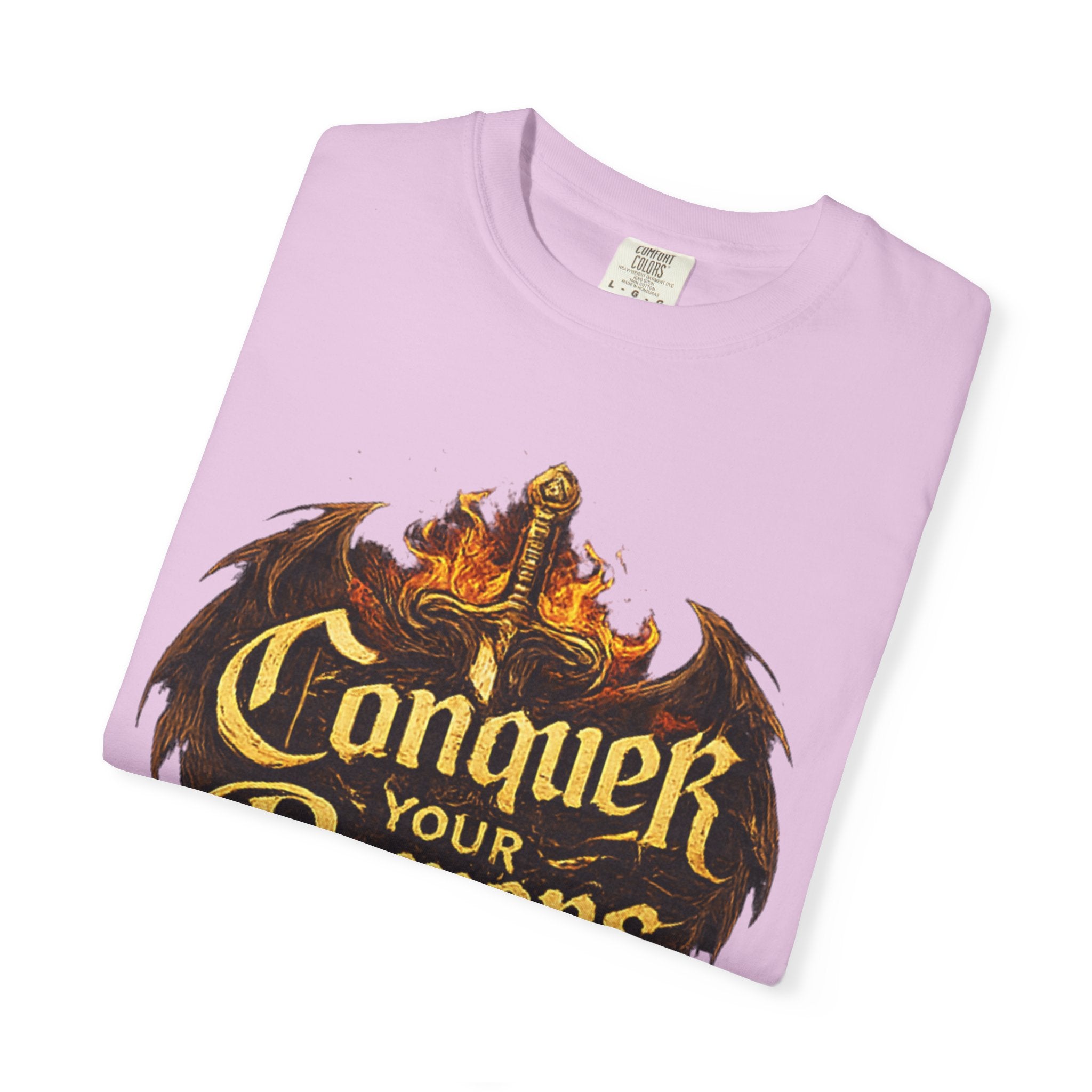 Conquer Your Demons T-Shirt — Gothic Sword & Flames Motivational Tee