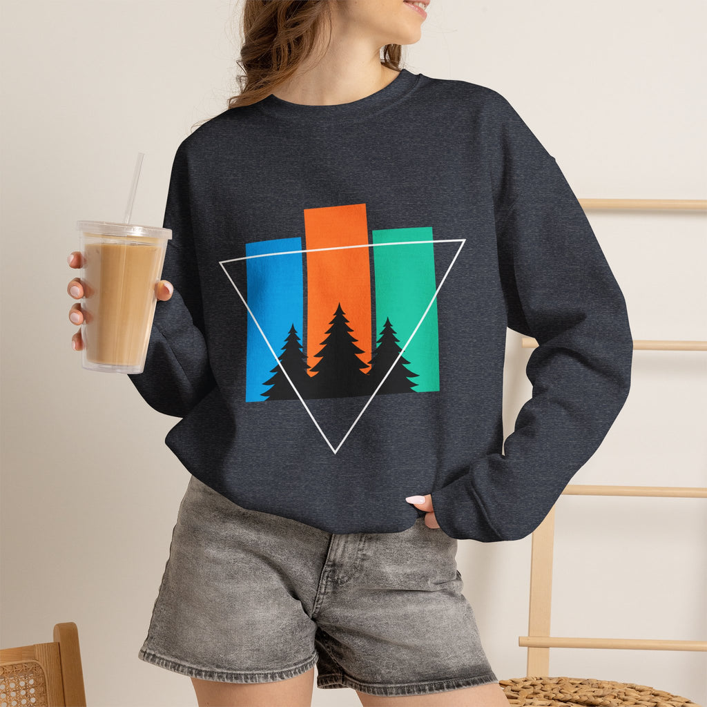 Retro Forest Crewneck Sweatshirt — Colorblock Trees Graphic
