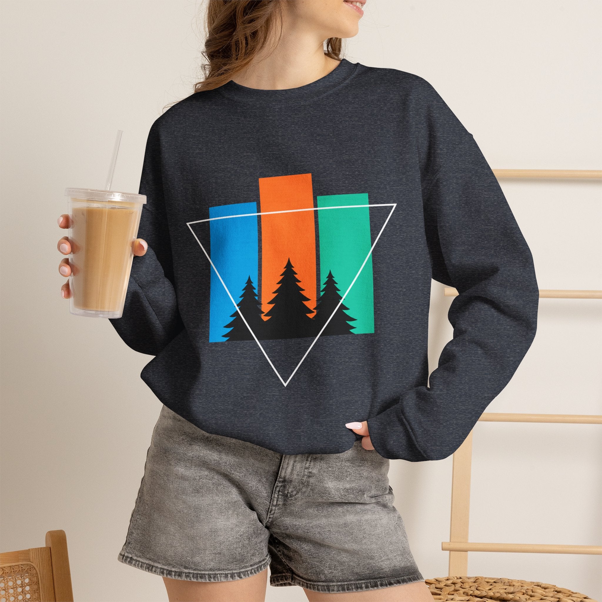 Retro Forest Crewneck Sweatshirt — Colorblock Trees Graphic