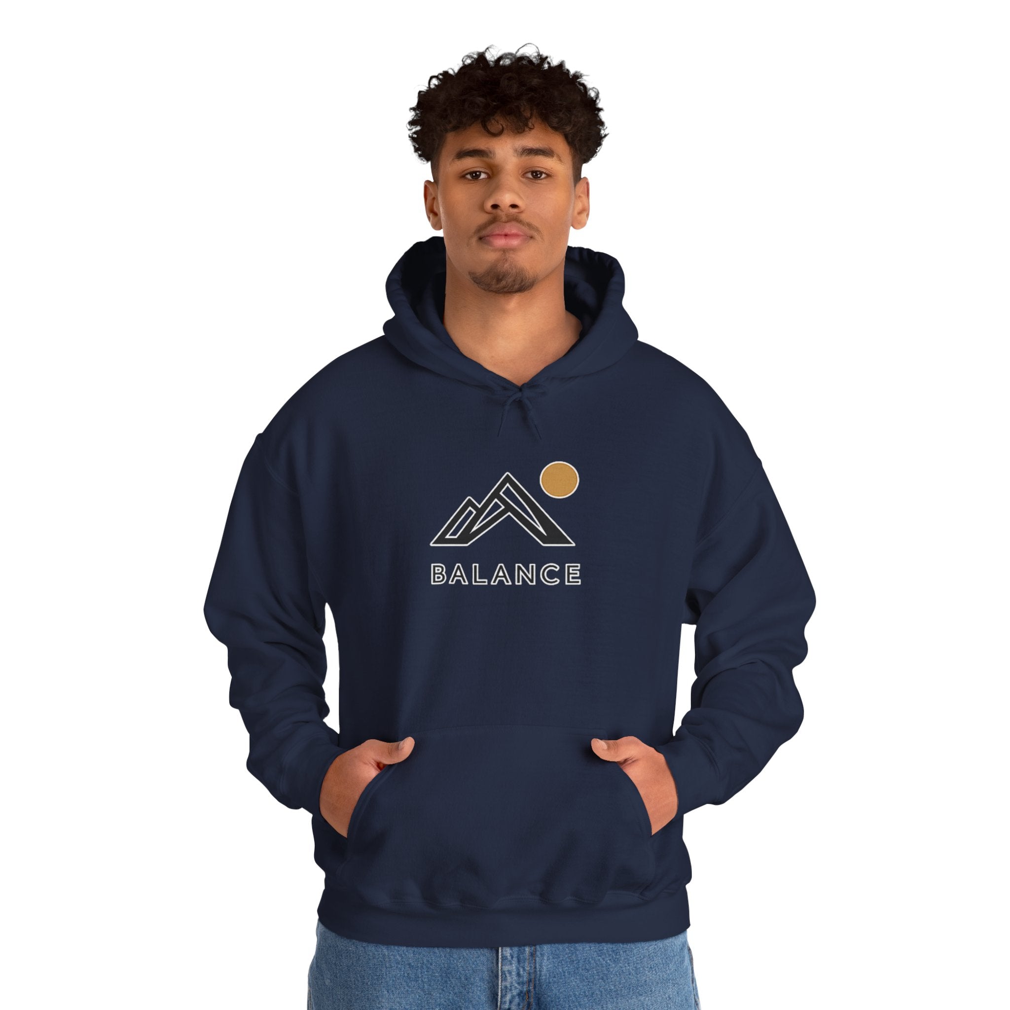 Balance Mountain Hoodie — Minimalist Sunrise Graphic Hooded Sweatshirt