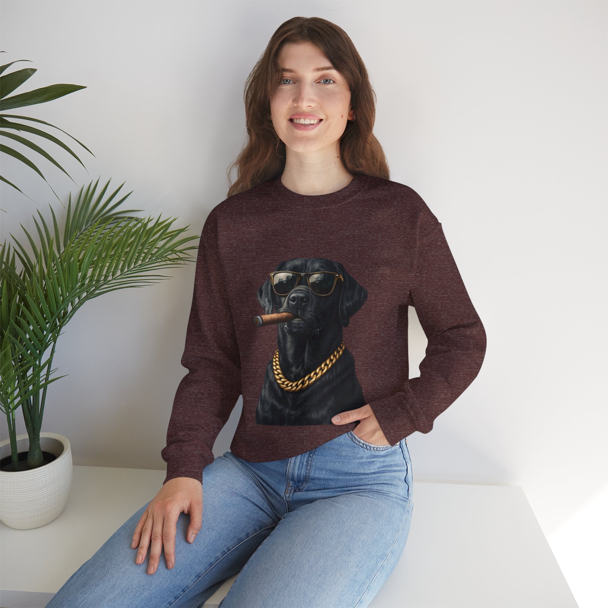 Cool Black Lab Crewneck Sweatshirt — Dog with Cigar & Gold Chain Graphic