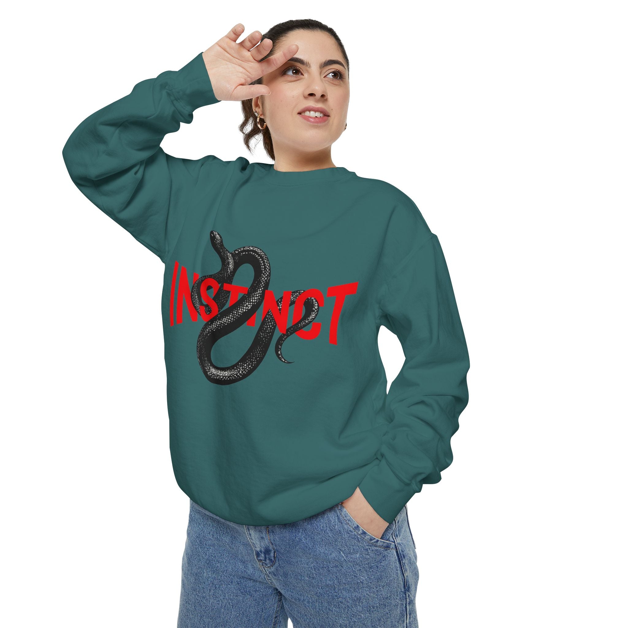 Instinct Snake Sweatshirt — Graphic Crewneck with Bold Red Text