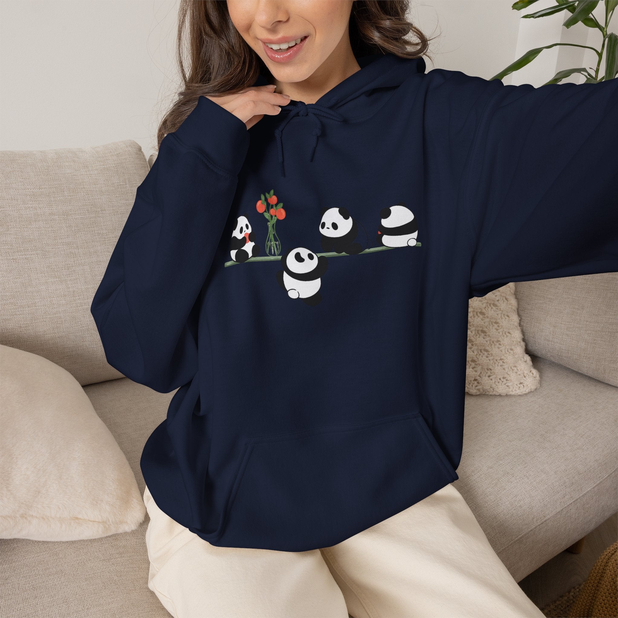 Pandas on a Line Hoodie — Cute Cartoon Pandas Holding Flower Pullover