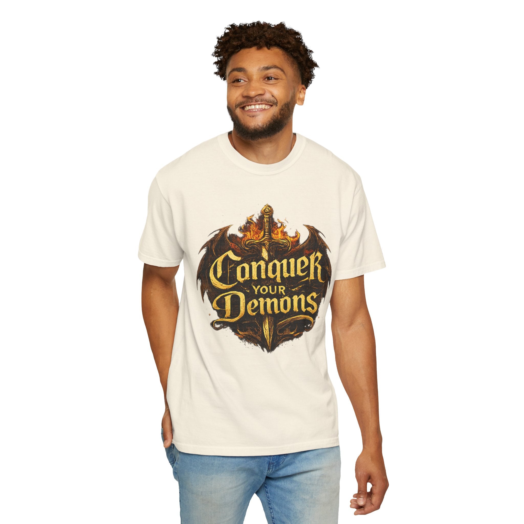 Conquer Your Demons T-Shirt — Gothic Sword & Flames Motivational Tee