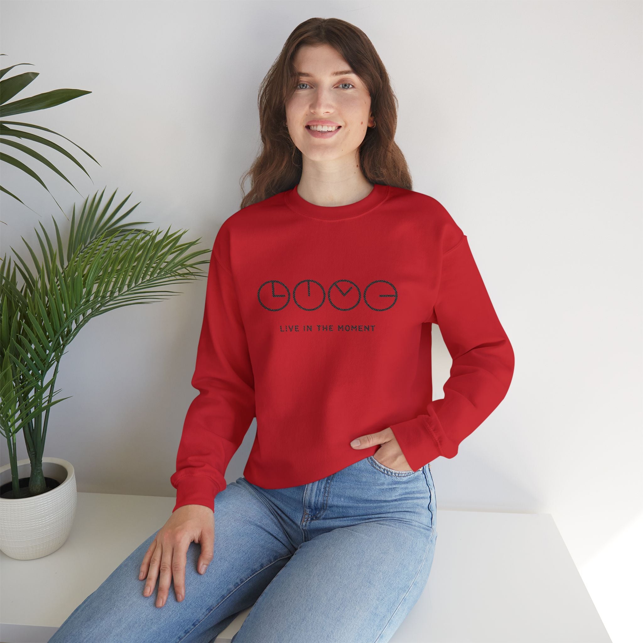 Live In The Moment Crewneck Sweatshirt — Minimal Clock Graphic Embroidered