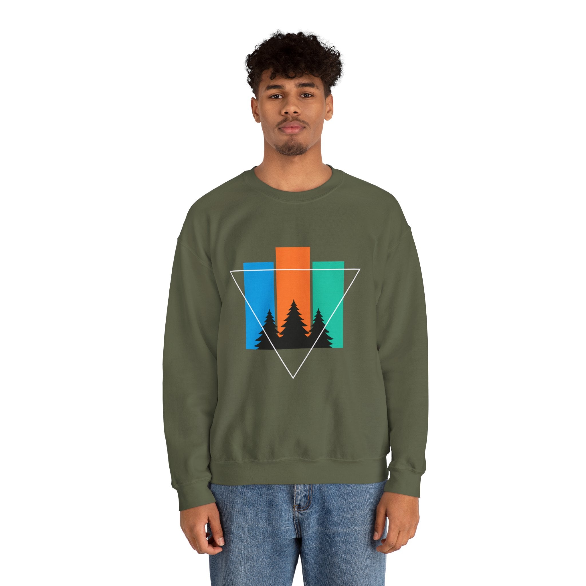 Retro Forest Crewneck Sweatshirt — Colorblock Trees Graphic