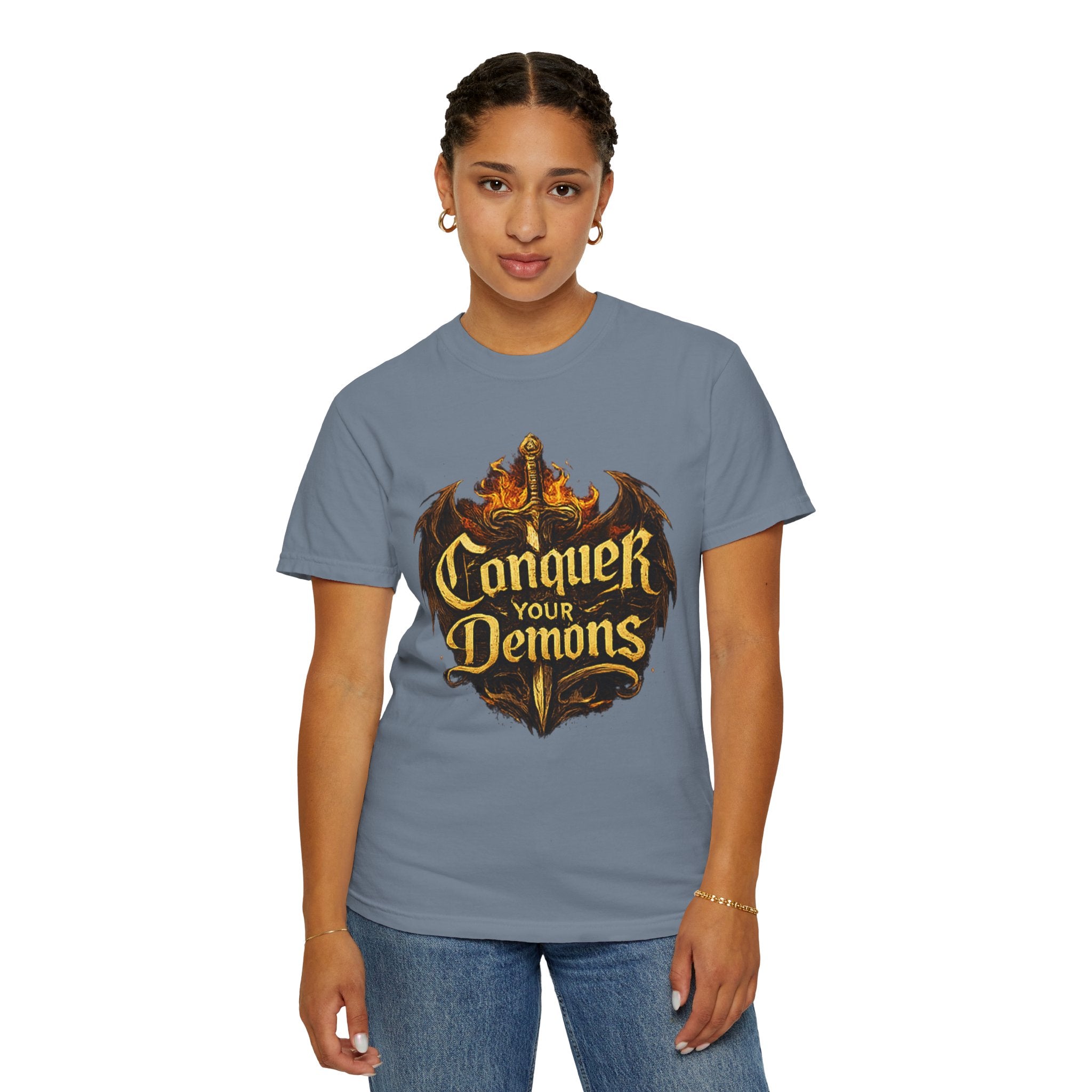 Conquer Your Demons T-Shirt — Gothic Sword & Flames Motivational Tee