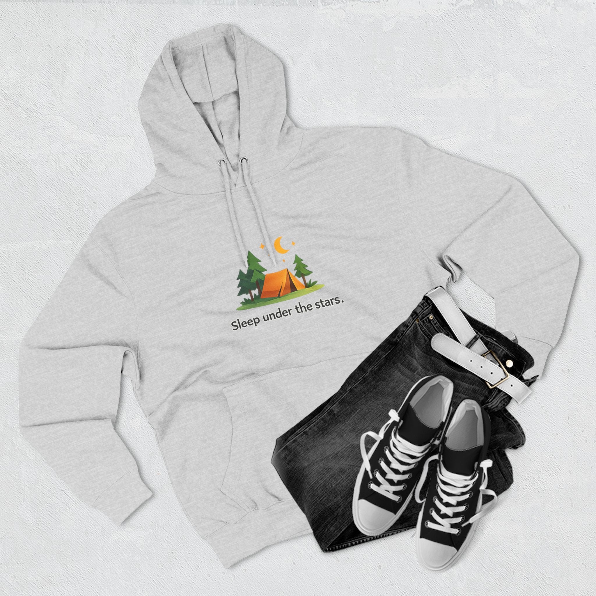 Camping Hoodie — "Sleep Under the Stars" Tent & Moon Graphic