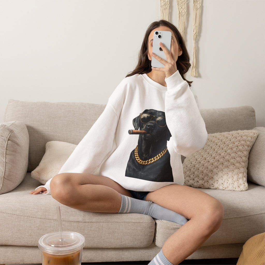 Cool Black Lab Crewneck Sweatshirt — Dog with Cigar & Gold Chain Graphic