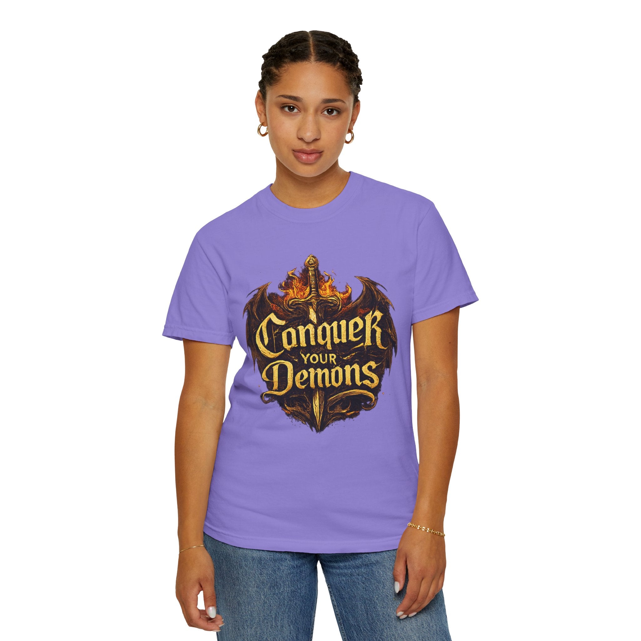 Conquer Your Demons T-Shirt — Gothic Sword & Flames Motivational Tee