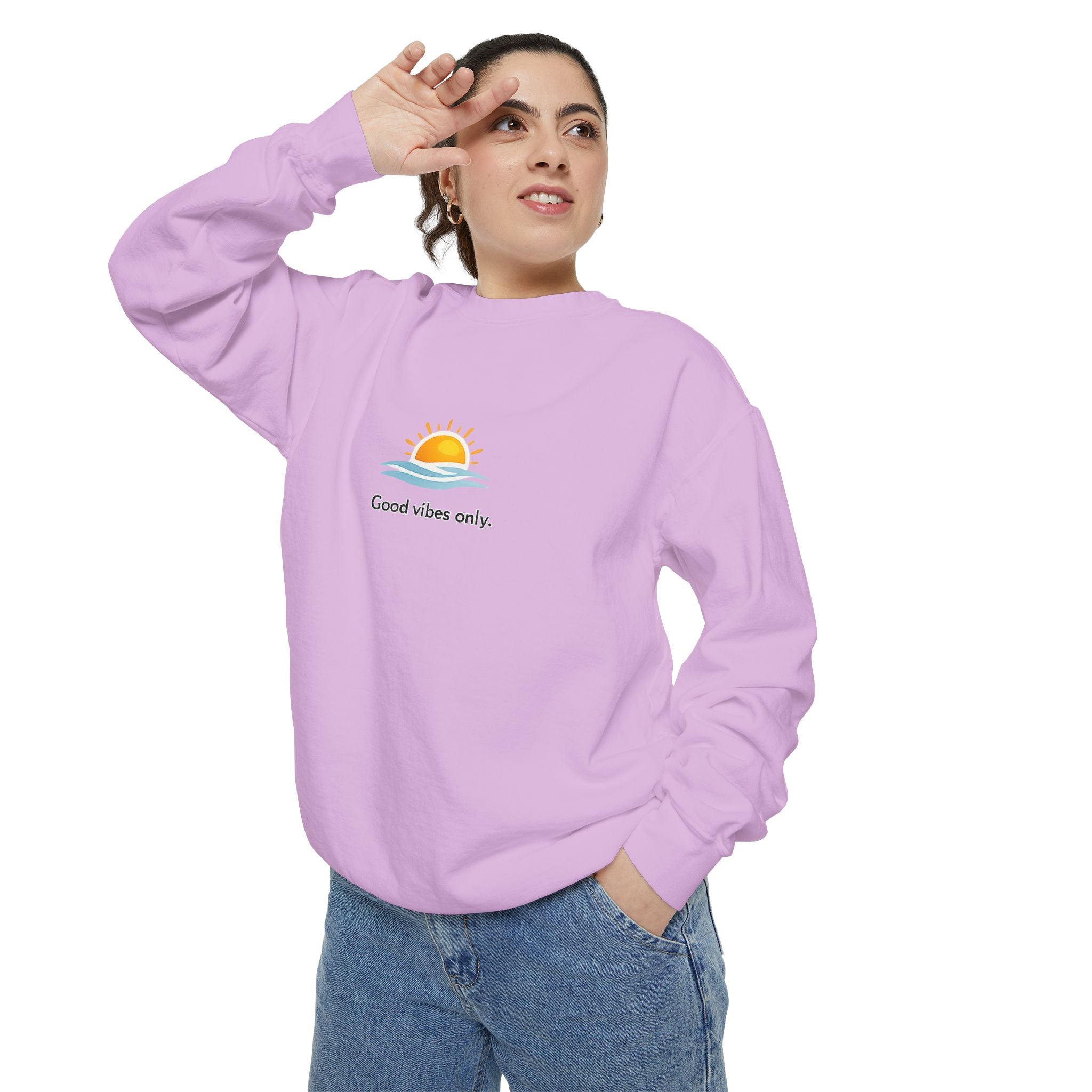 Good Vibes Only Sweatshirt — Sunrise Graphic Cozy Pullover