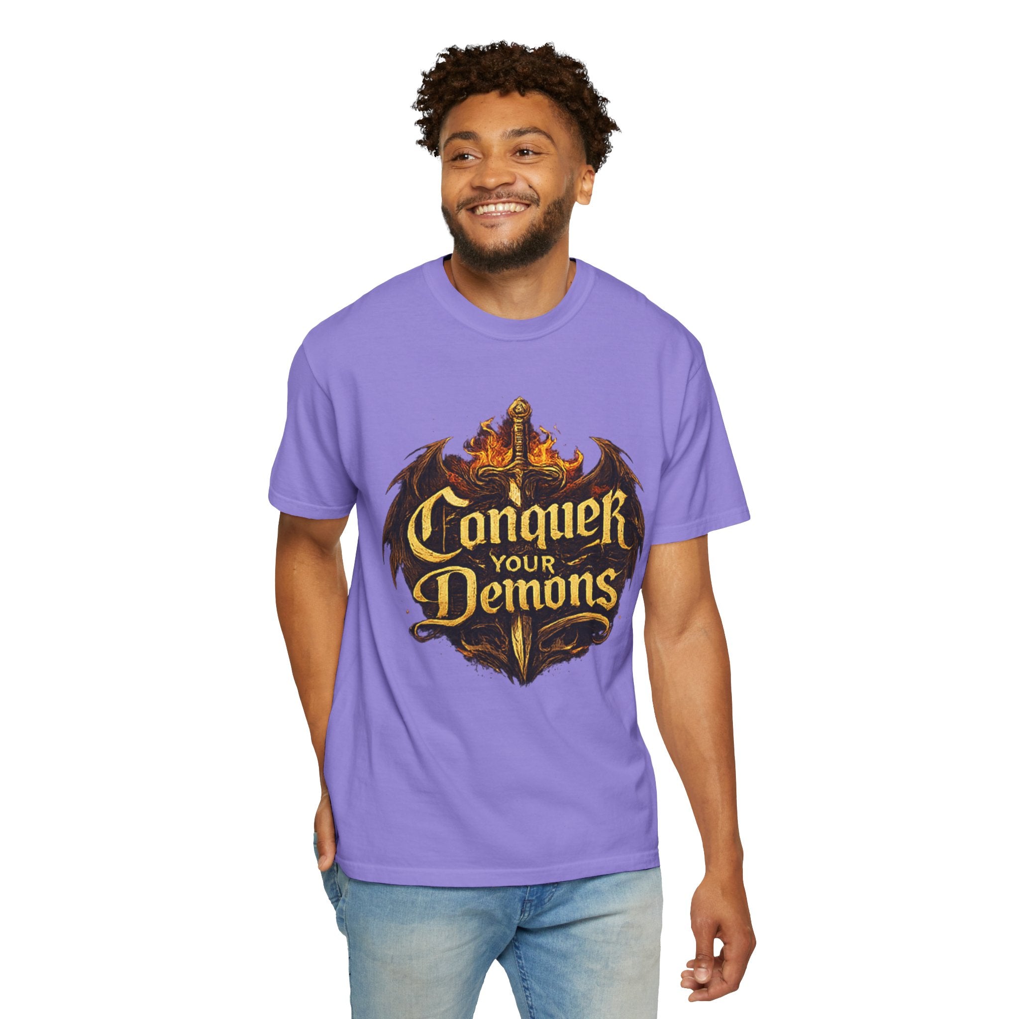 Conquer Your Demons T-Shirt — Gothic Sword & Flames Motivational Tee