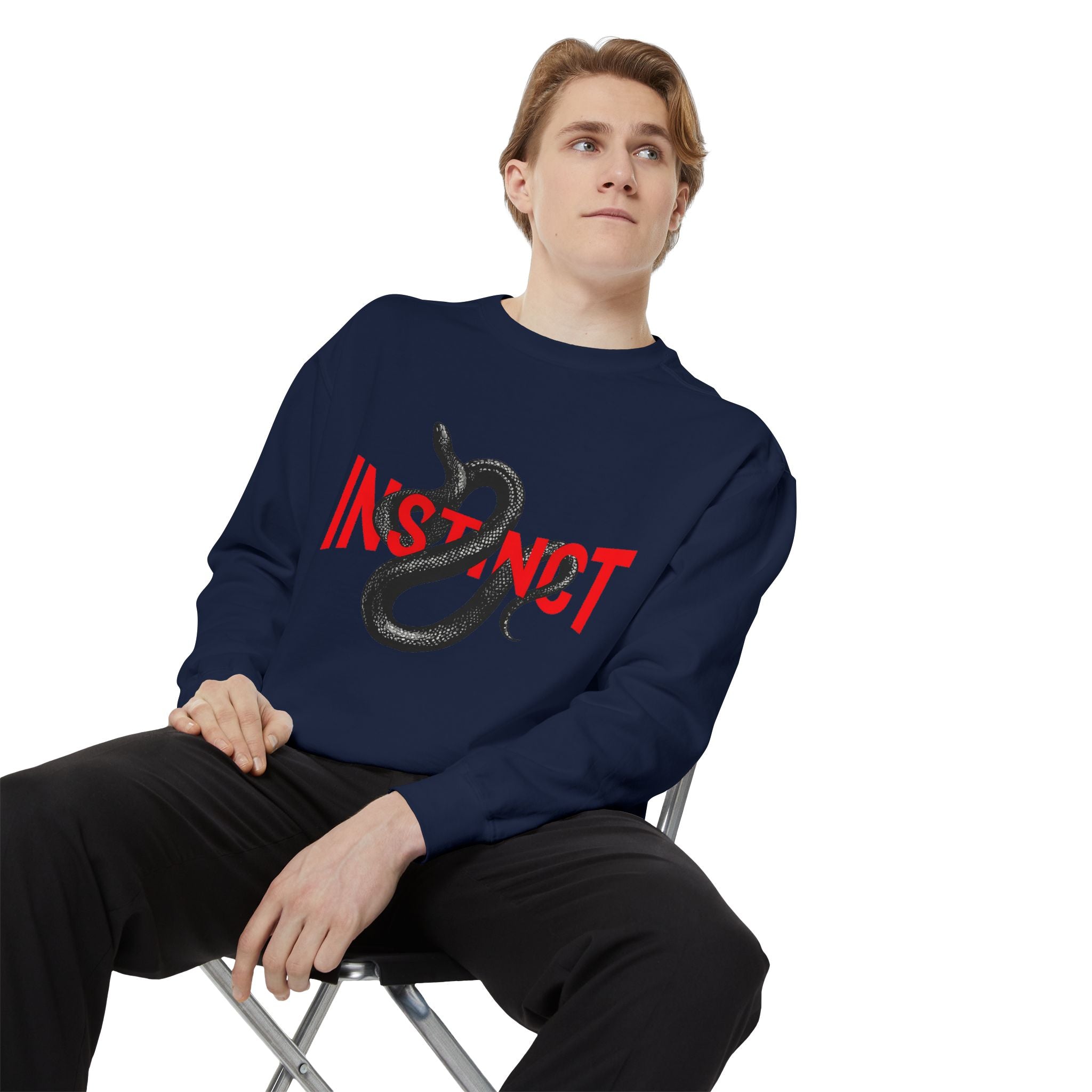 Instinct Snake Sweatshirt — Graphic Crewneck with Bold Red Text