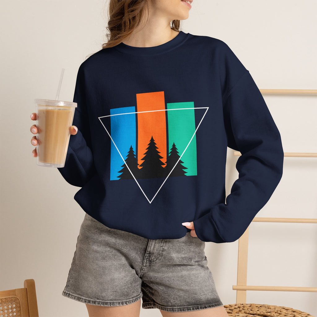 Retro Forest Crewneck Sweatshirt — Colorblock Trees Graphic