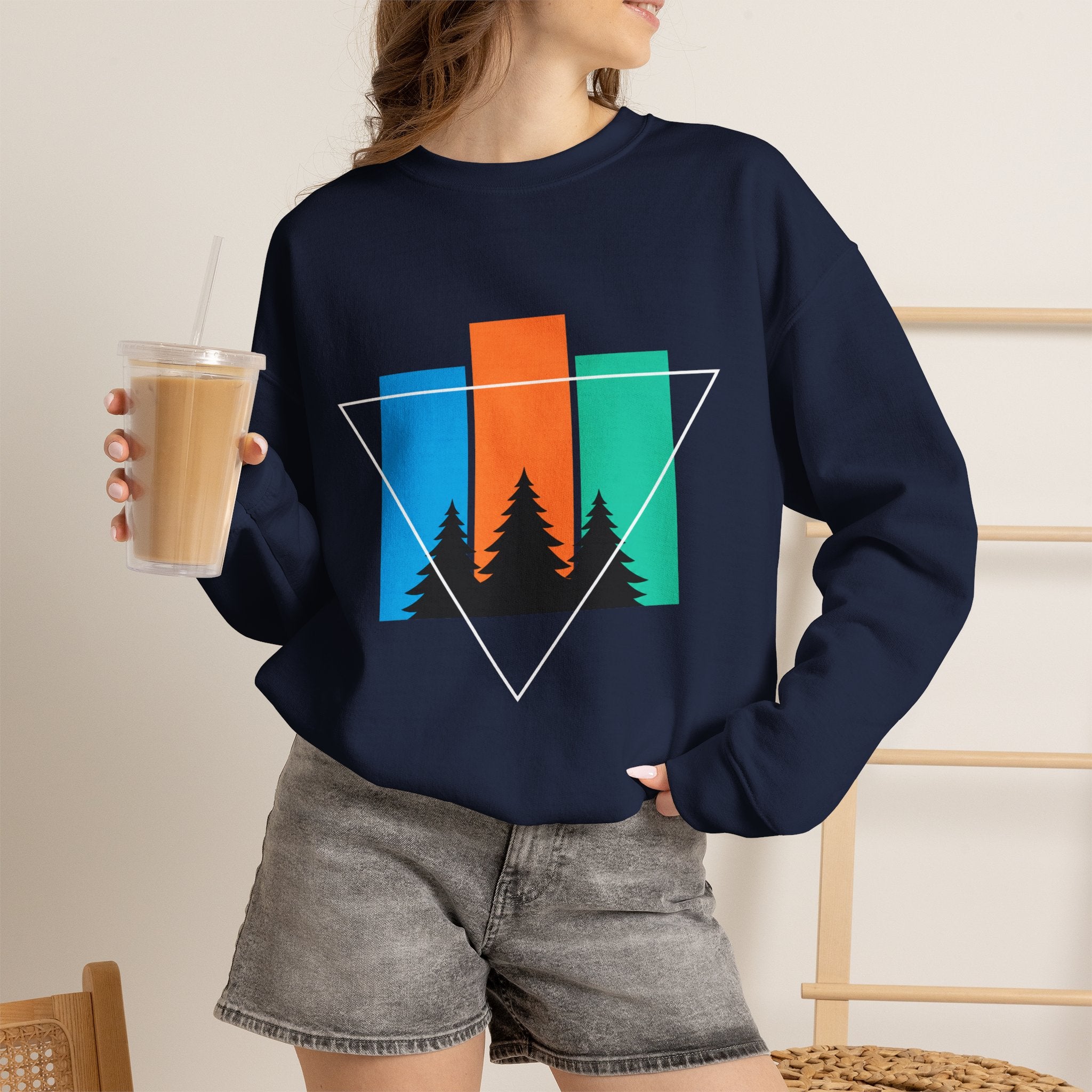 Retro Forest Crewneck Sweatshirt — Colorblock Trees Graphic