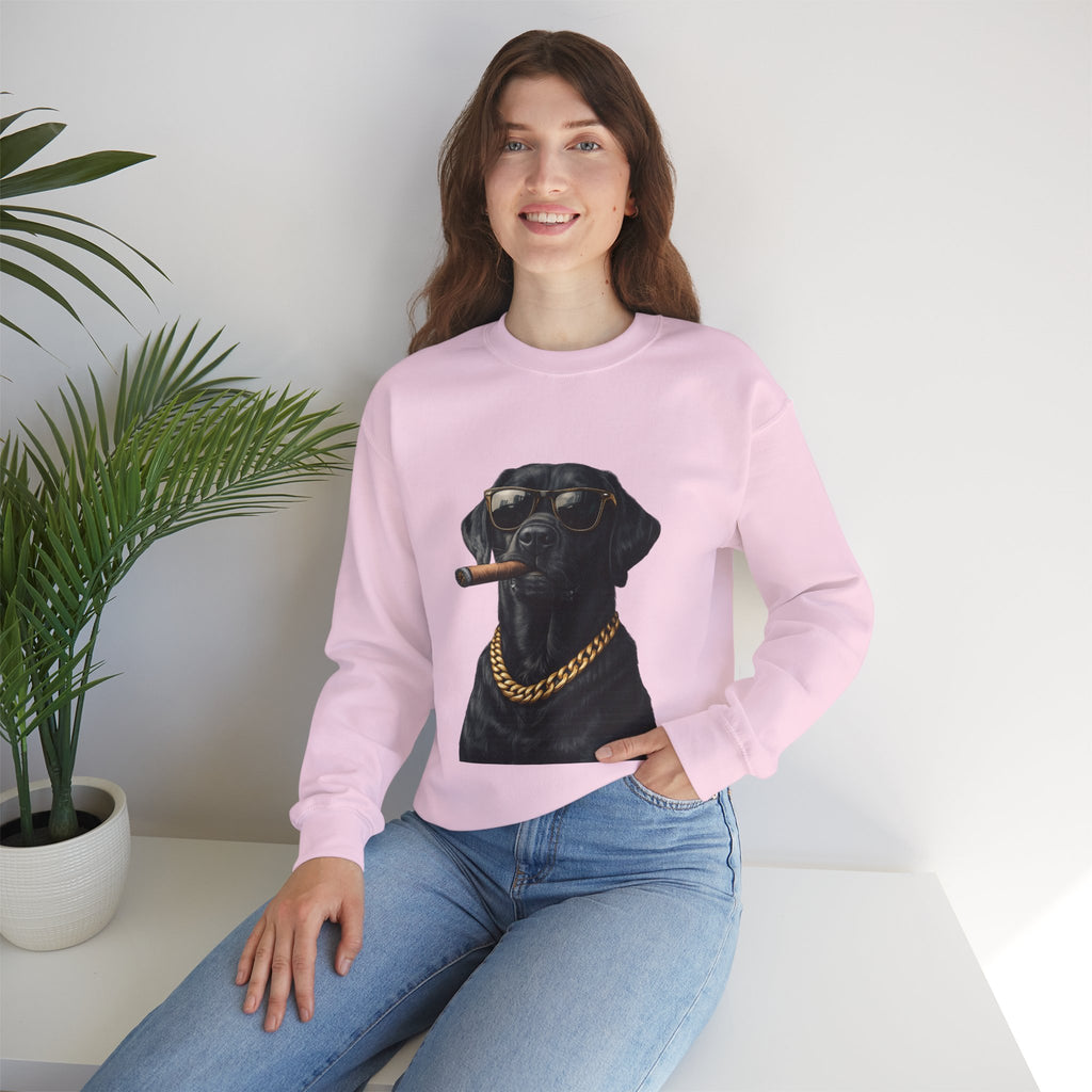 Cool Black Lab Crewneck Sweatshirt — Dog with Cigar & Gold Chain Graphic
