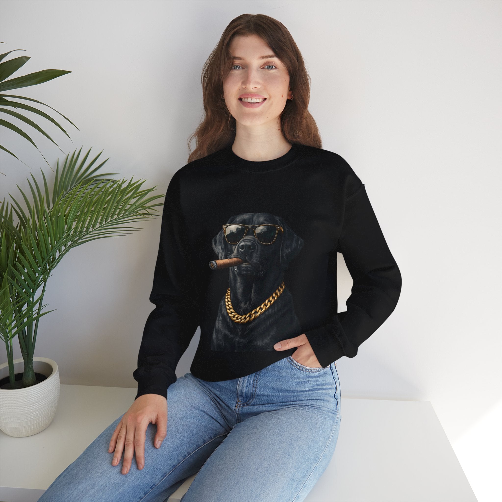 Cool Black Lab Crewneck Sweatshirt — Dog with Cigar & Gold Chain Graphic