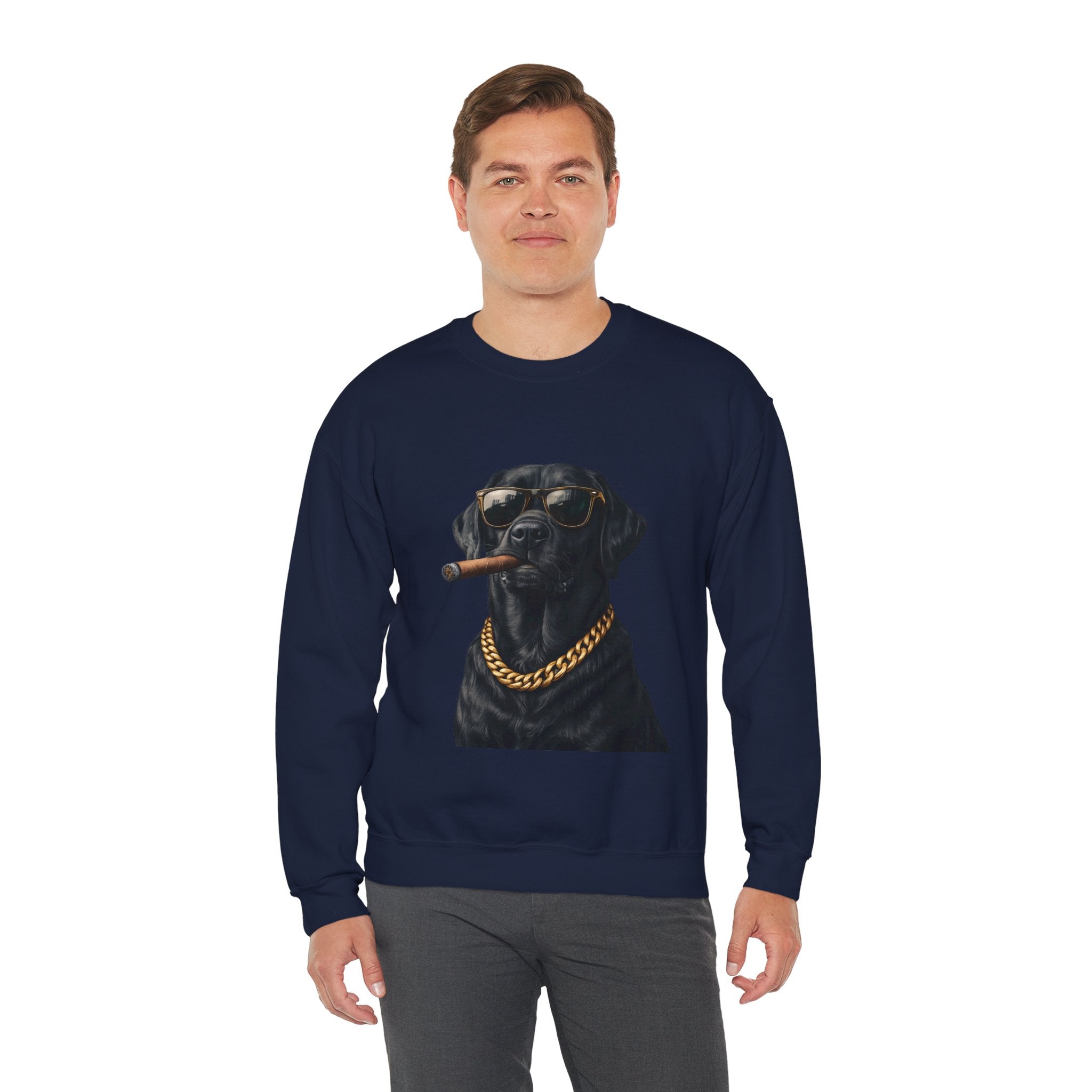 Cool Black Lab Crewneck Sweatshirt — Dog with Cigar & Gold Chain Graphic