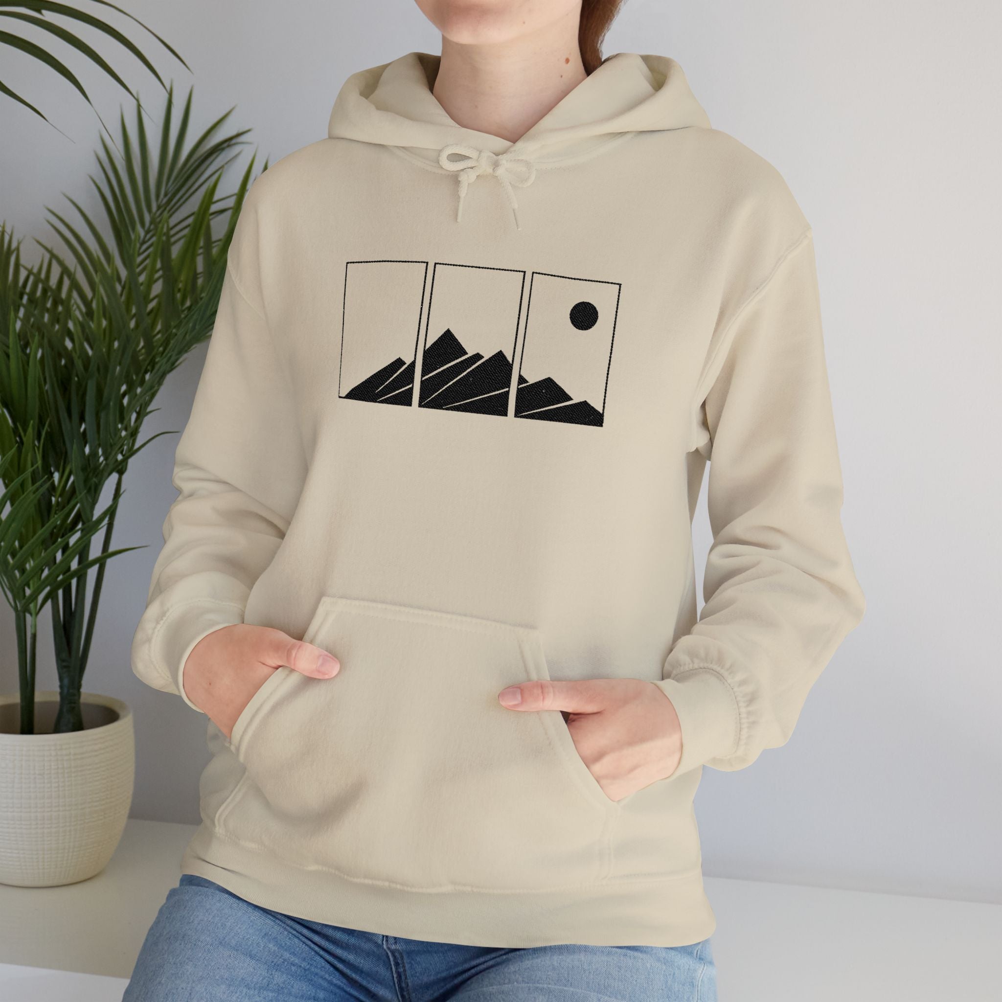 Mountain Triptych Hoodie — Minimalist Scenic Graphic Pullover Embroidered