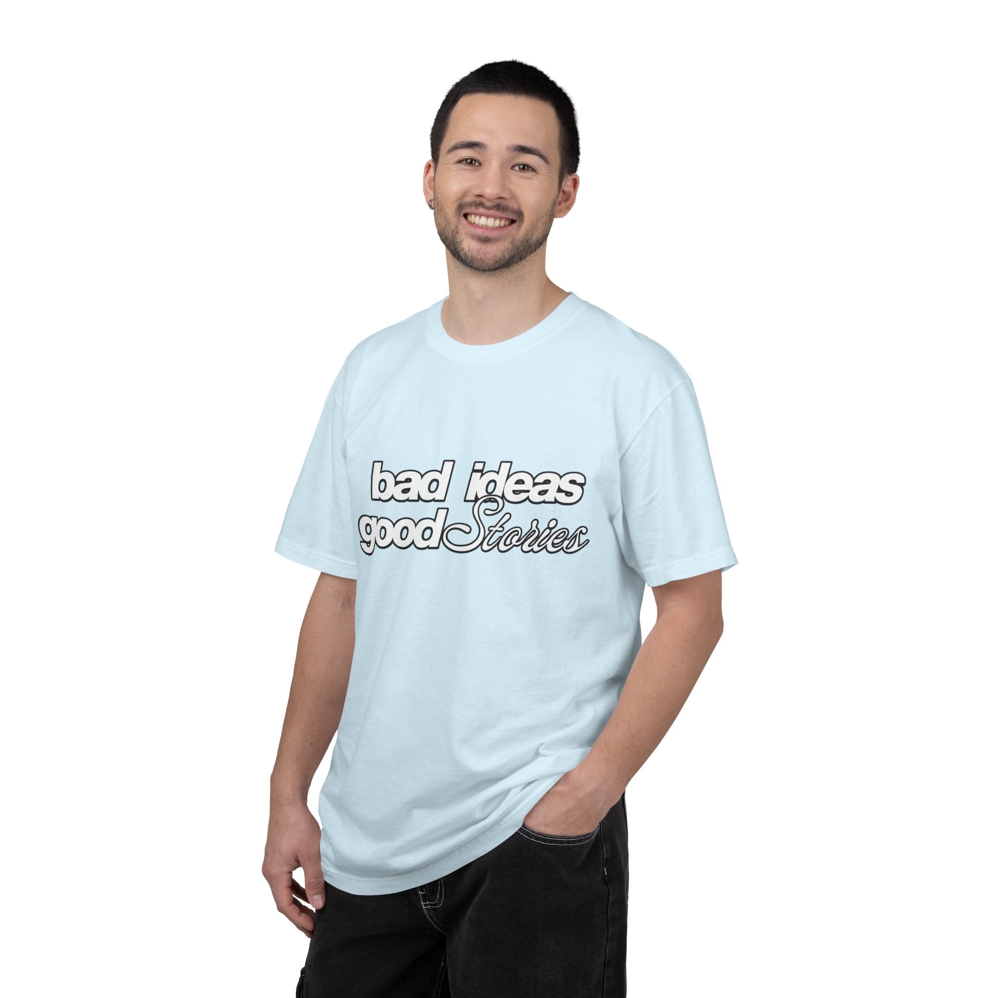 T-Shirt — “bad ideas good stories” Retro Script Tee
