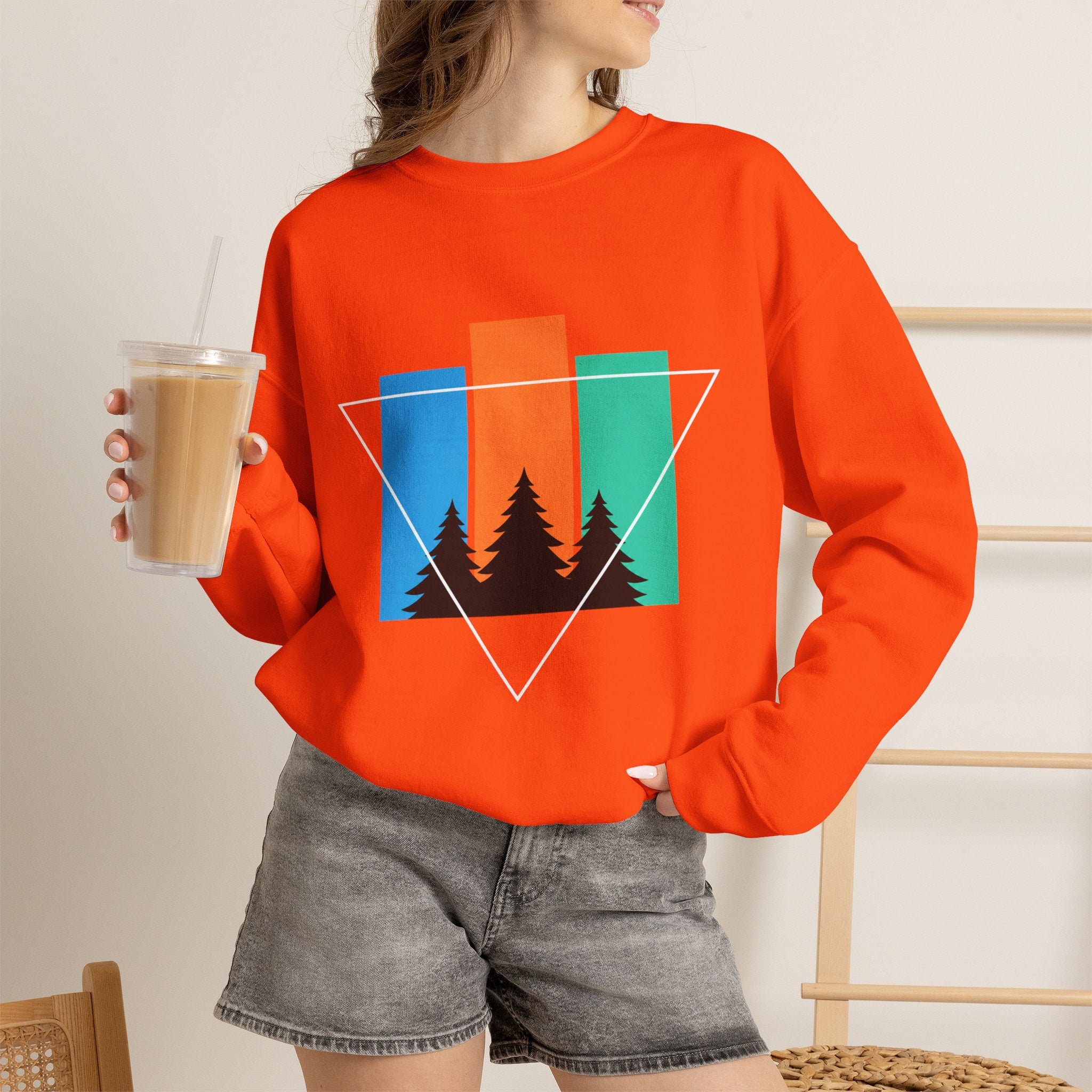 Retro Forest Crewneck Sweatshirt — Colorblock Trees Graphic