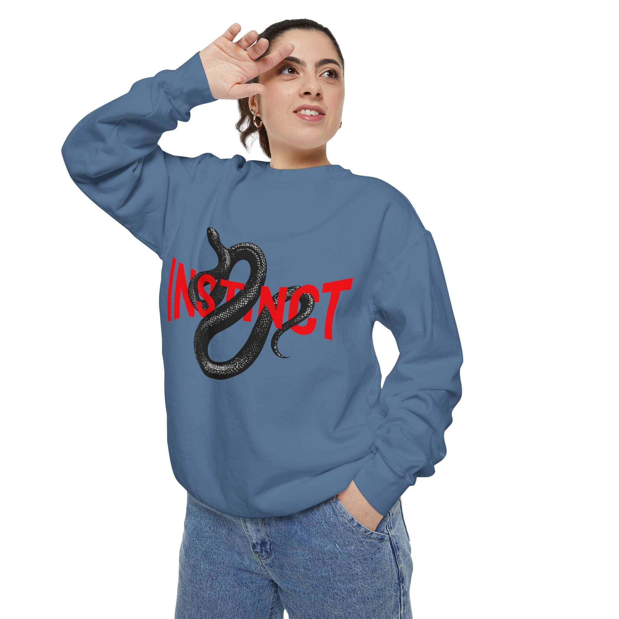 Instinct Snake Sweatshirt — Graphic Crewneck with Bold Red Text