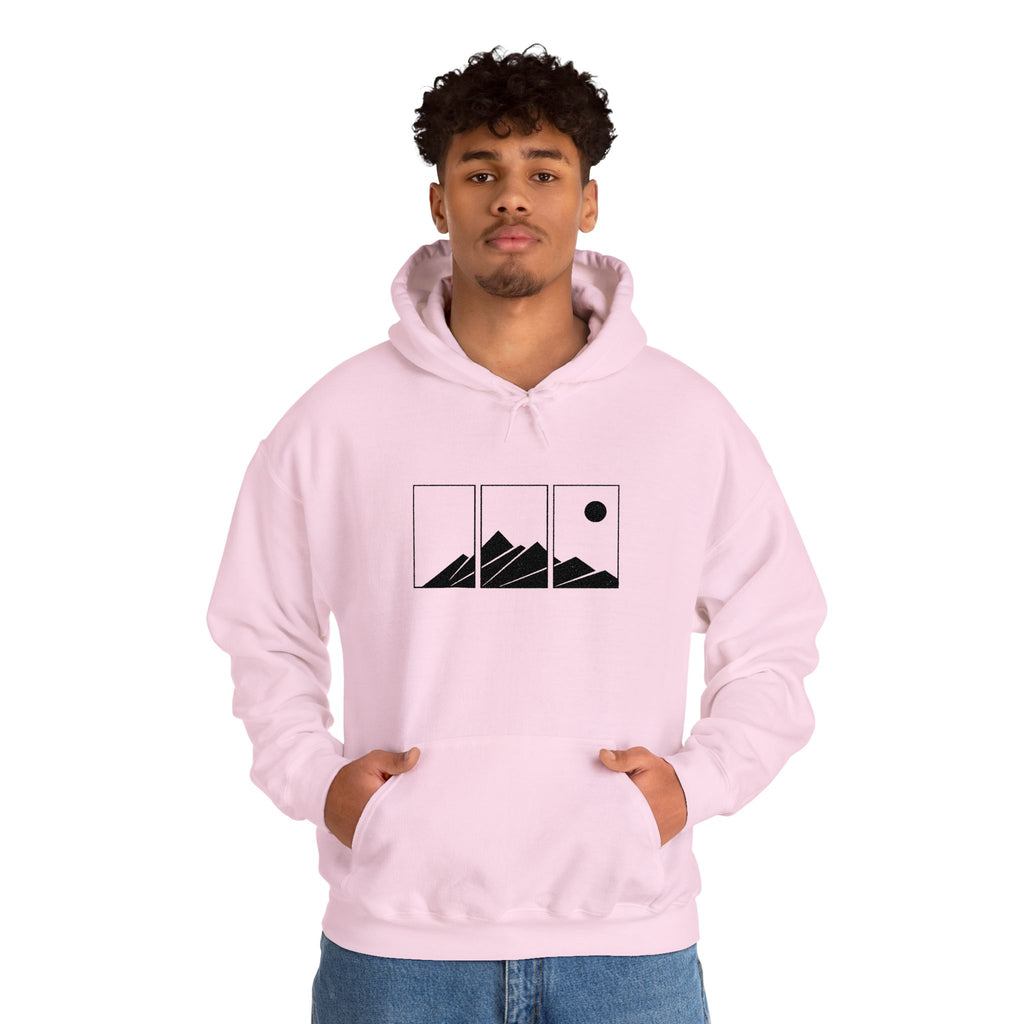 Mountain Triptych Hoodie — Minimalist Scenic Graphic Pullover Embroidered