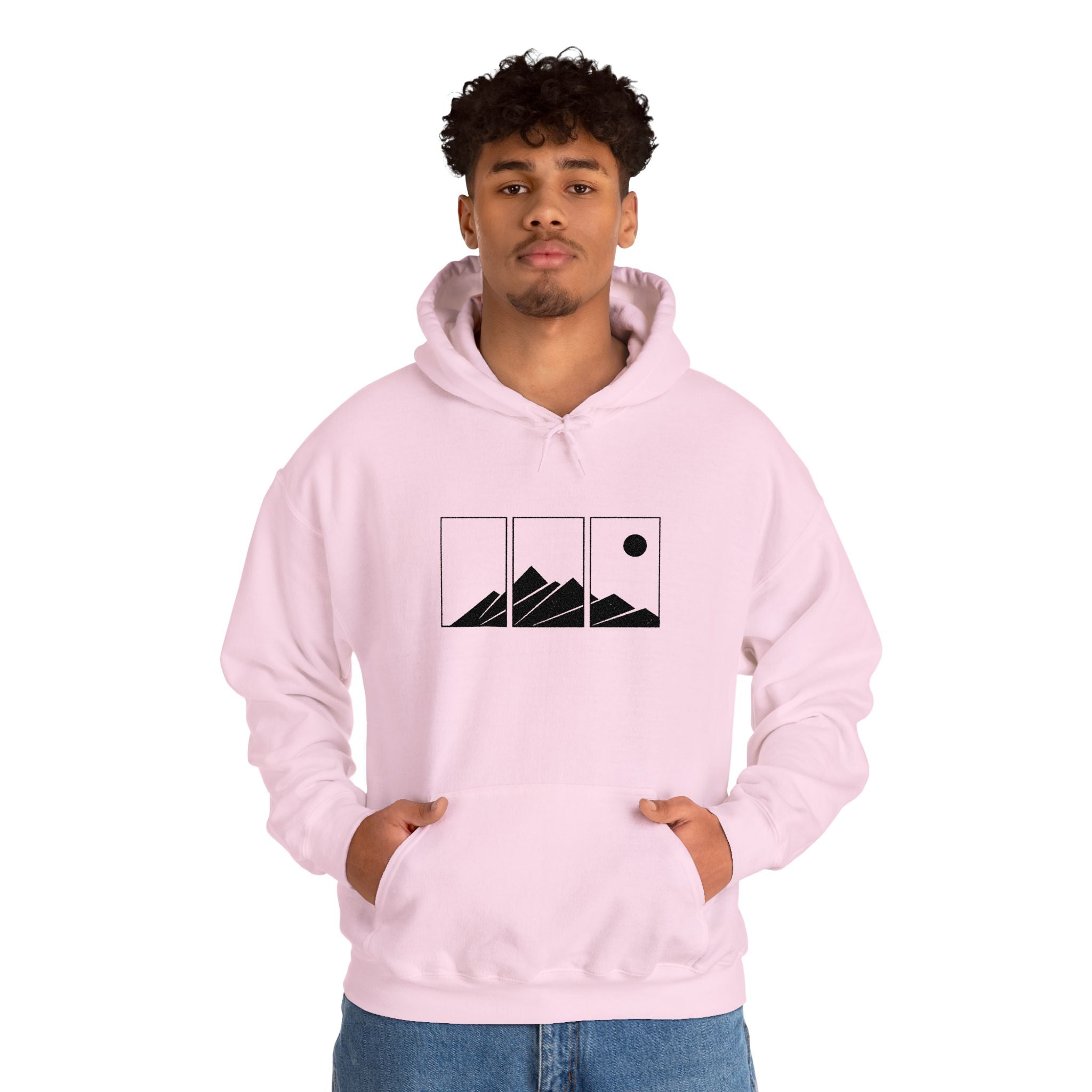Mountain Triptych Hoodie — Minimalist Scenic Graphic Pullover Embroidered