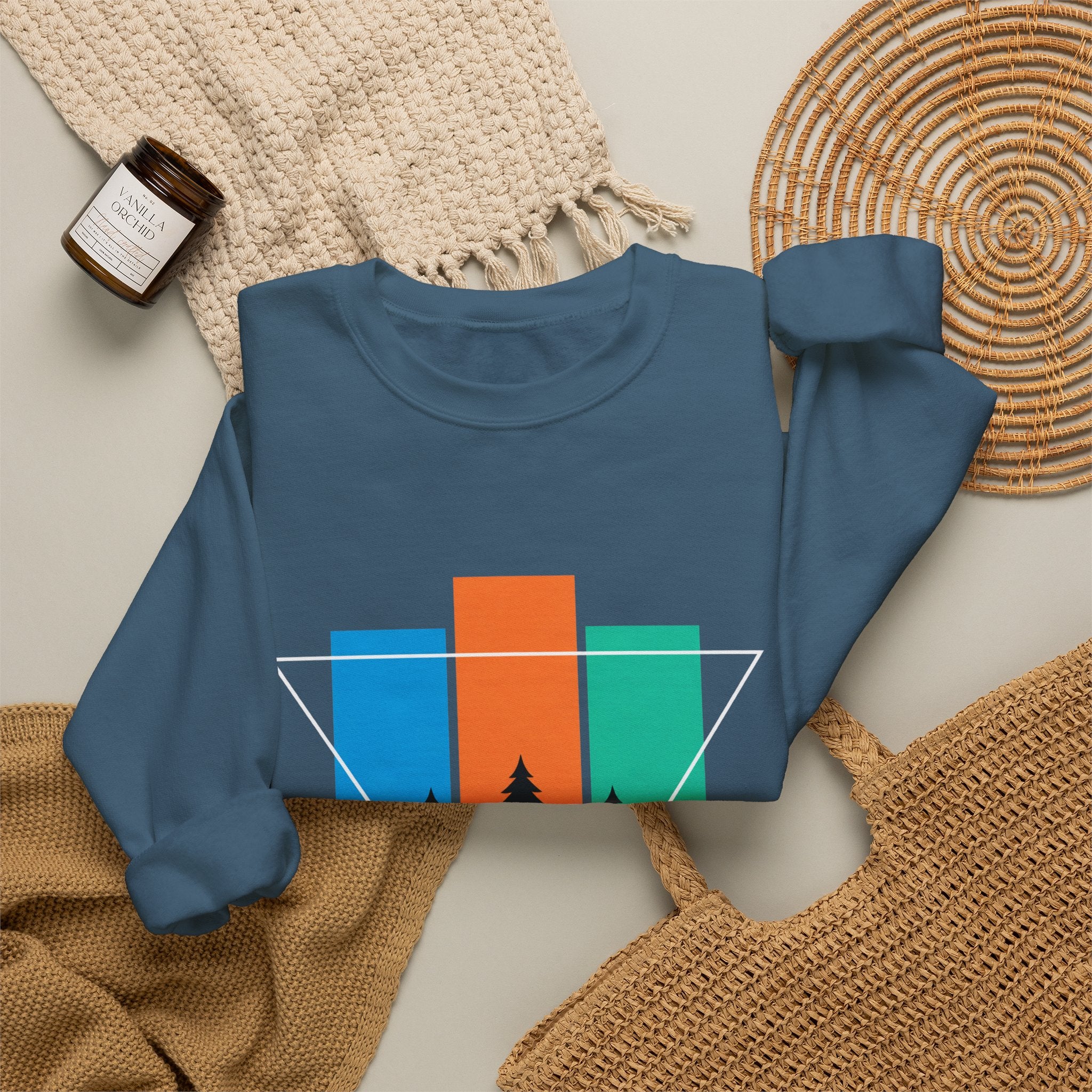 Retro Forest Crewneck Sweatshirt — Colorblock Trees Graphic