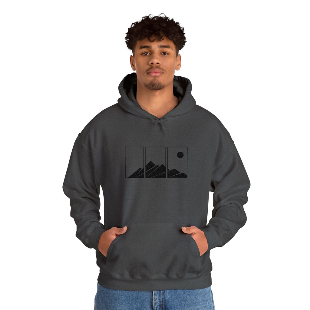 Mountain Triptych Hoodie — Minimalist Scenic Graphic Pullover Embroidered