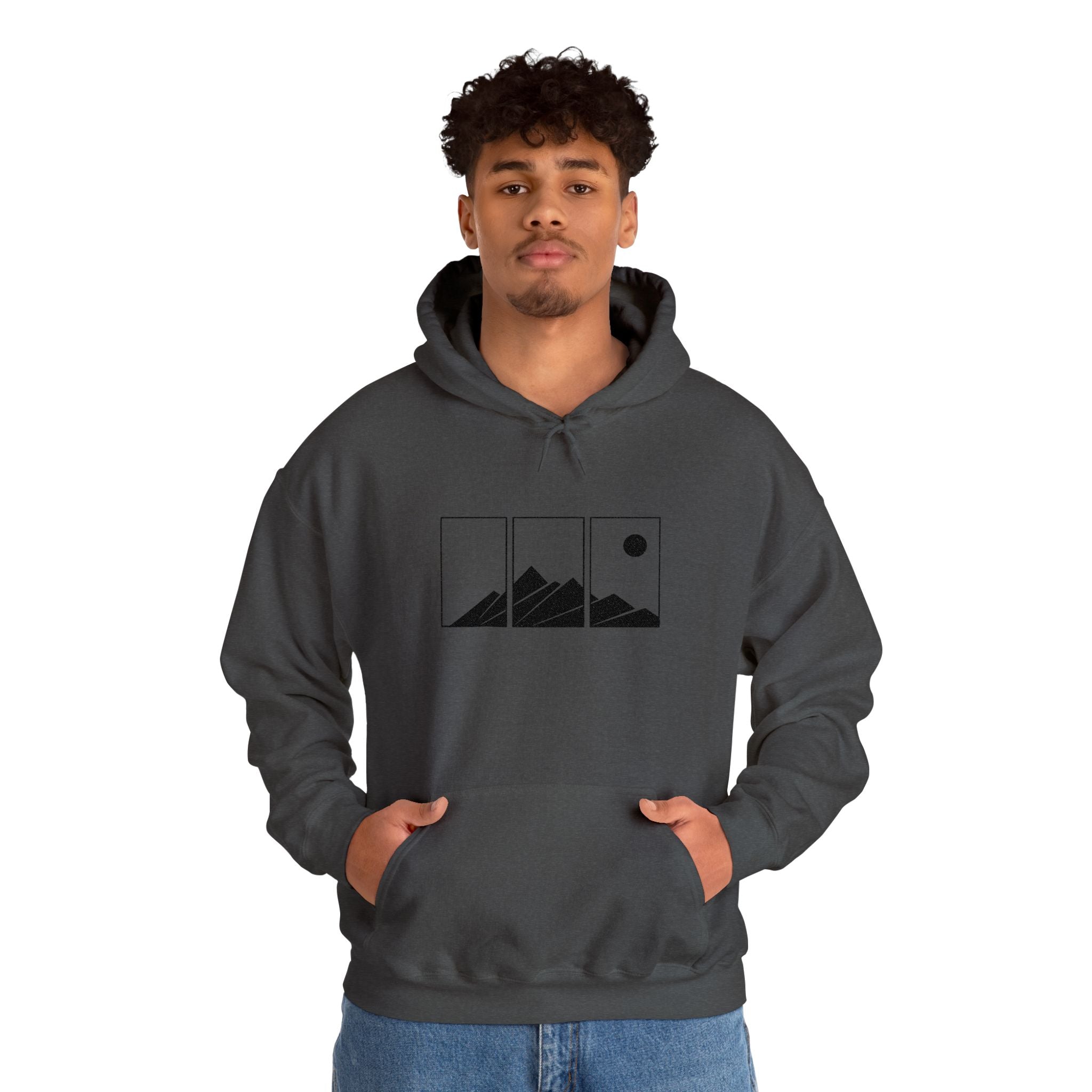 Mountain Triptych Hoodie — Minimalist Scenic Graphic Pullover Embroidered