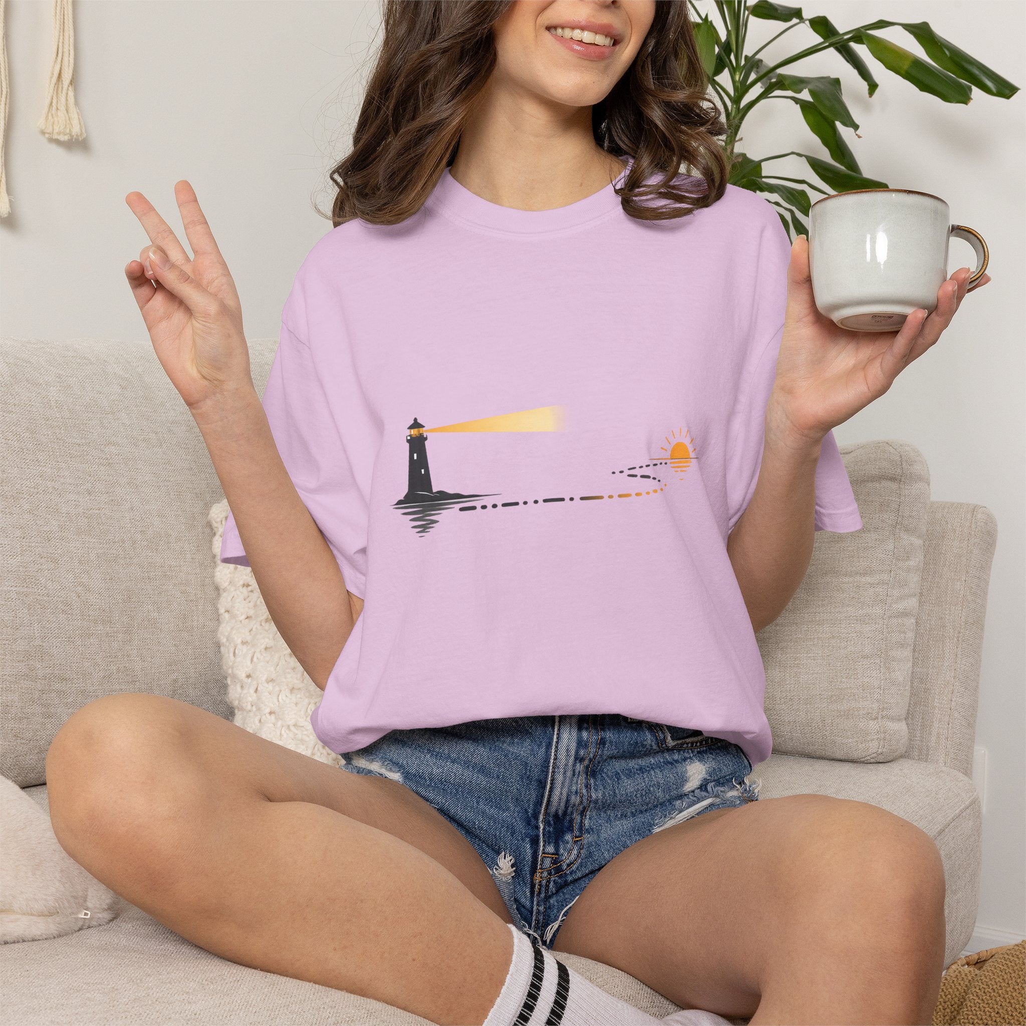 Lighthouse Sunset T-Shirt — Nautical Coastal Tee with Beacon Graphic