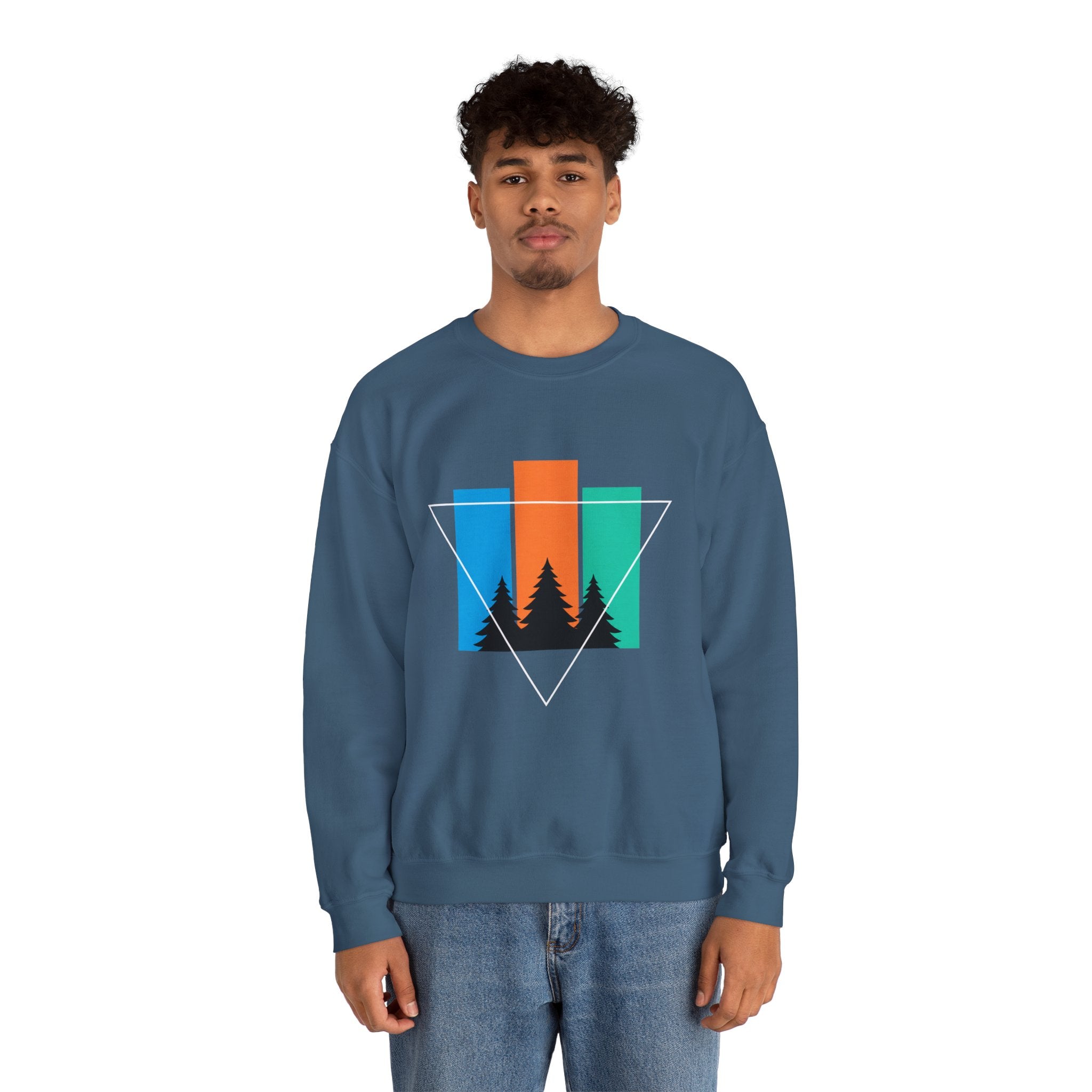 Retro Forest Crewneck Sweatshirt — Colorblock Trees Graphic