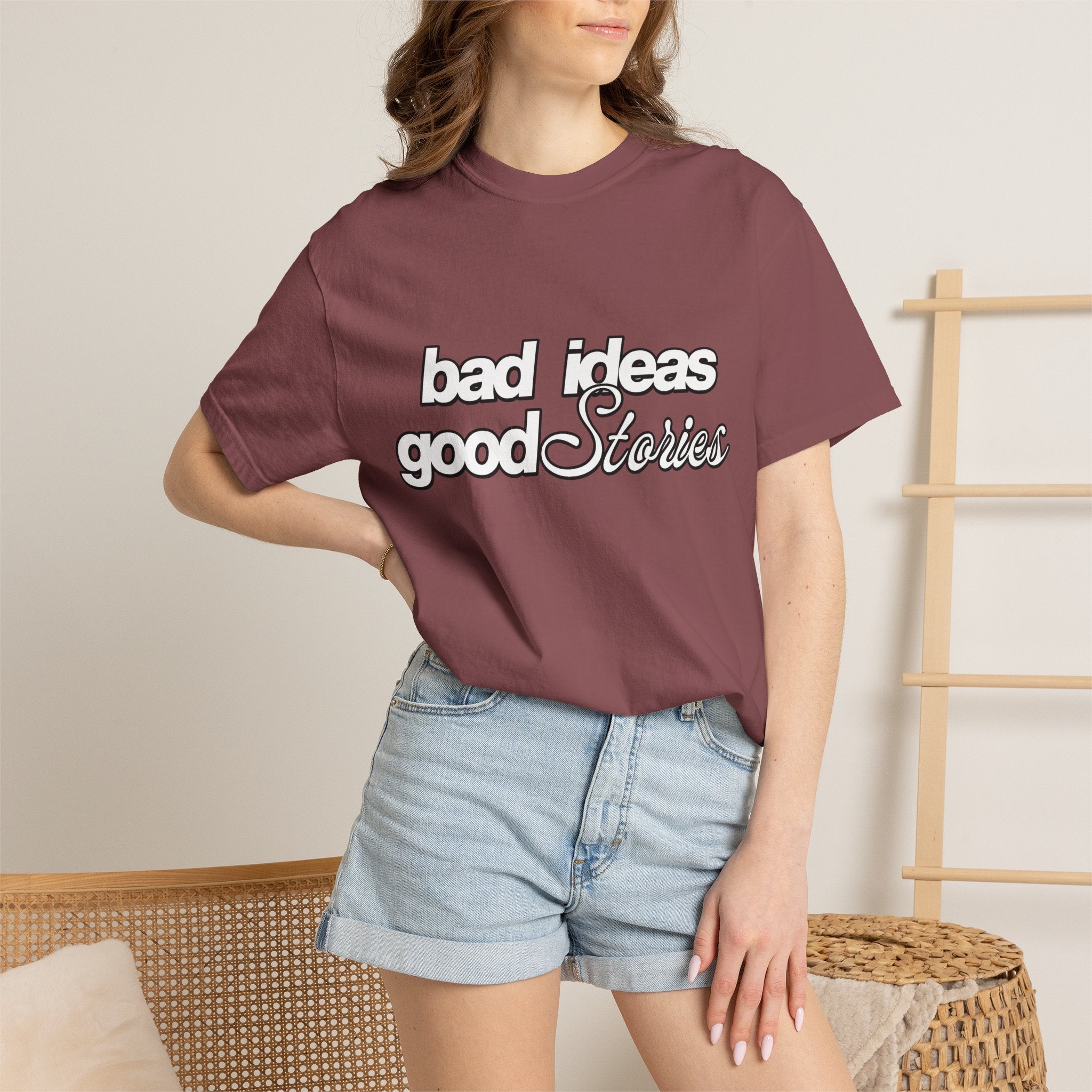 T-Shirt — “bad ideas good stories” Retro Script Tee