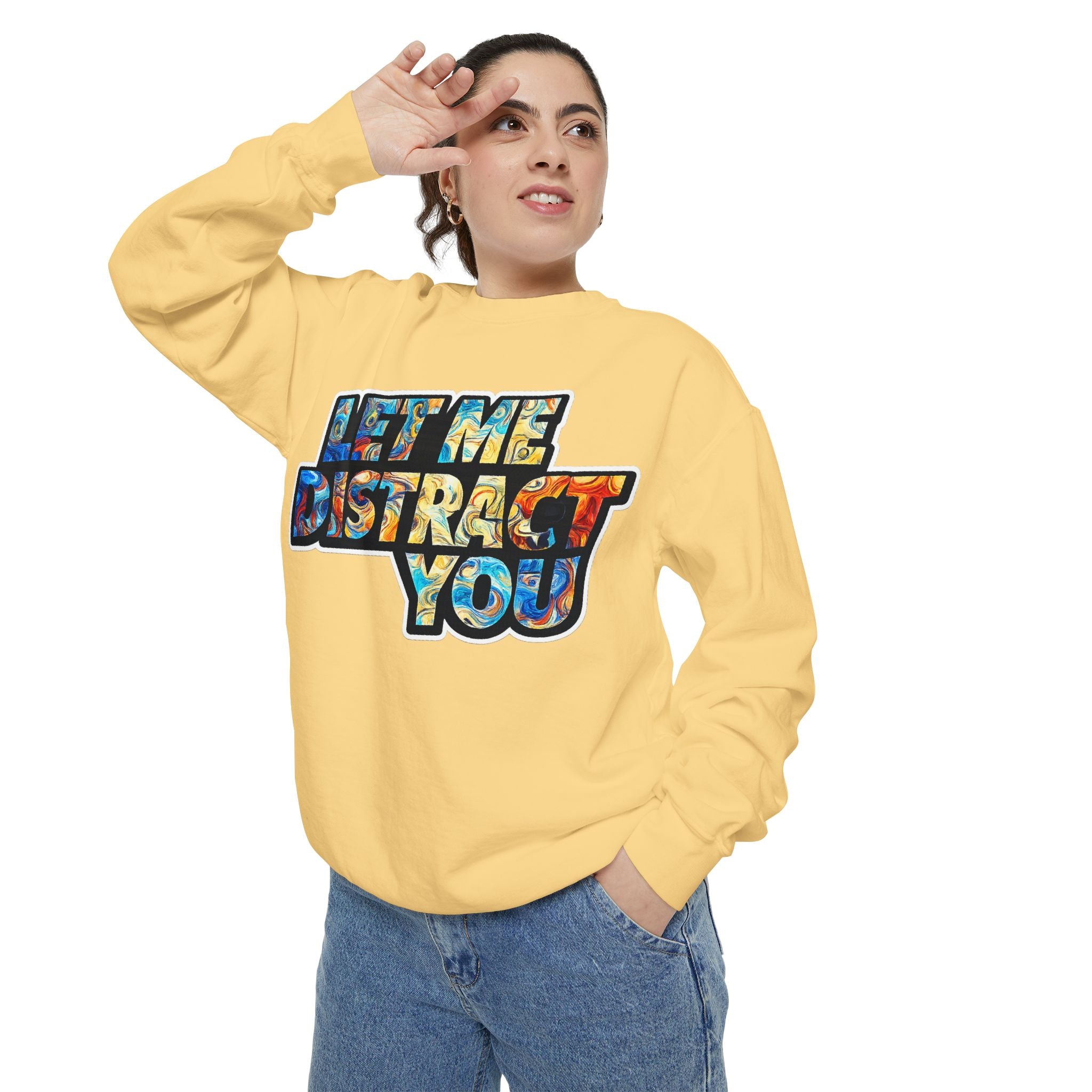 Let Me Distract You Sweatshirt — Colorful Retro Graphic Crewneck