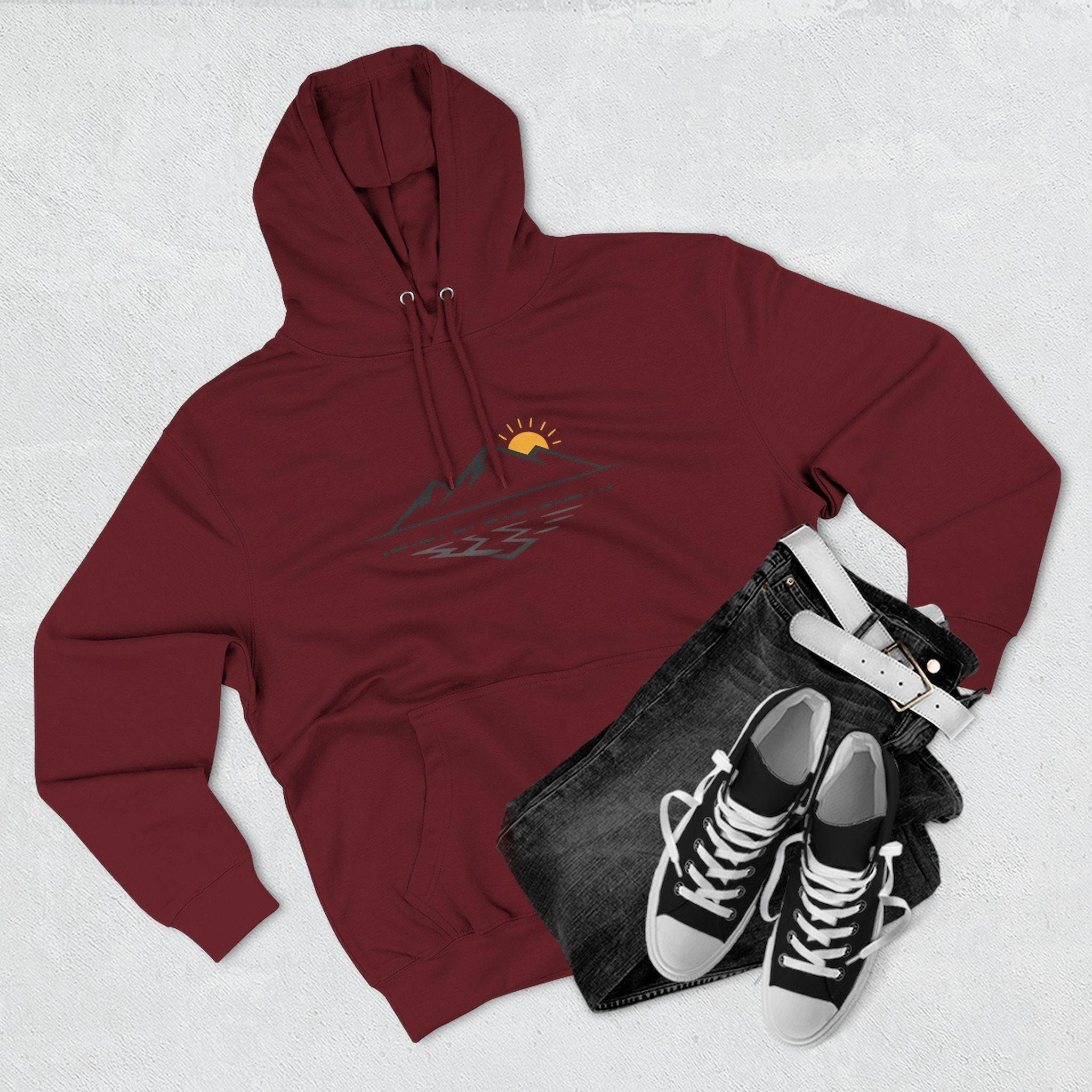 Mountain Sunrise Hoodie — Minimal Outdoor Graphic Pullover