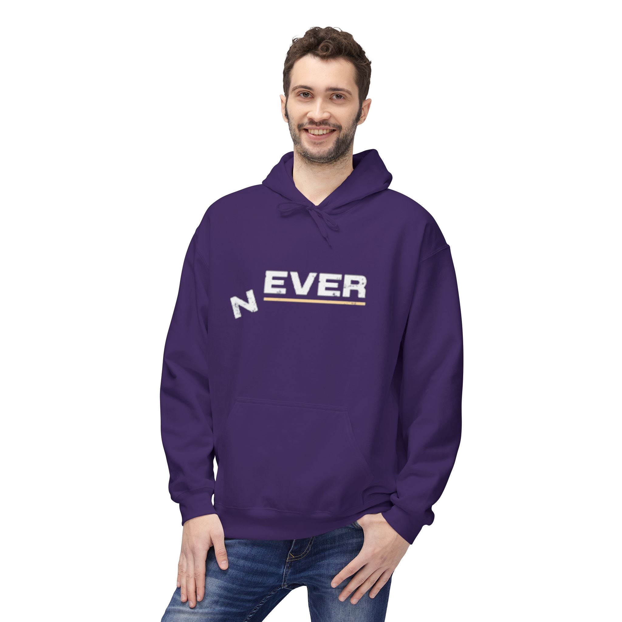 Never Typography Hoodie — Brown Casual Graphic Pullover