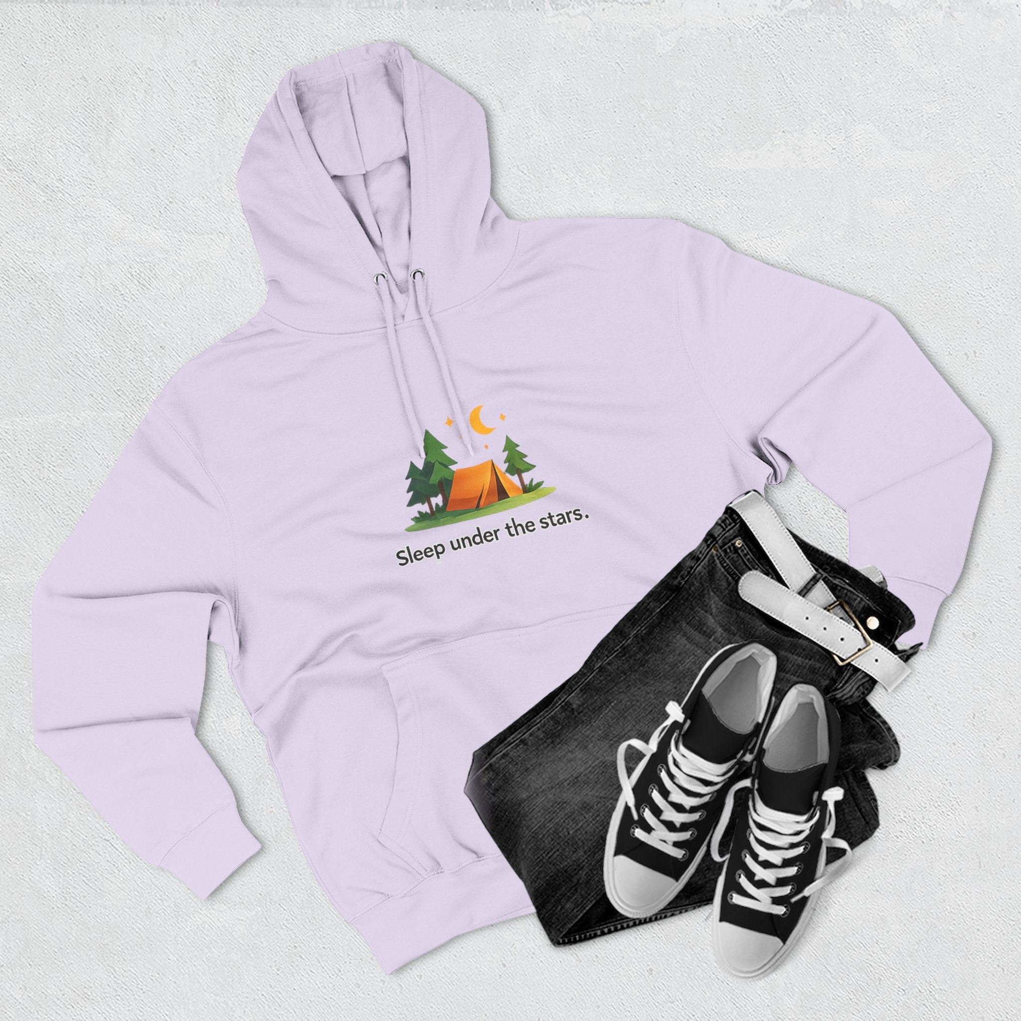 Camping Hoodie — "Sleep Under the Stars" Tent & Moon Graphic