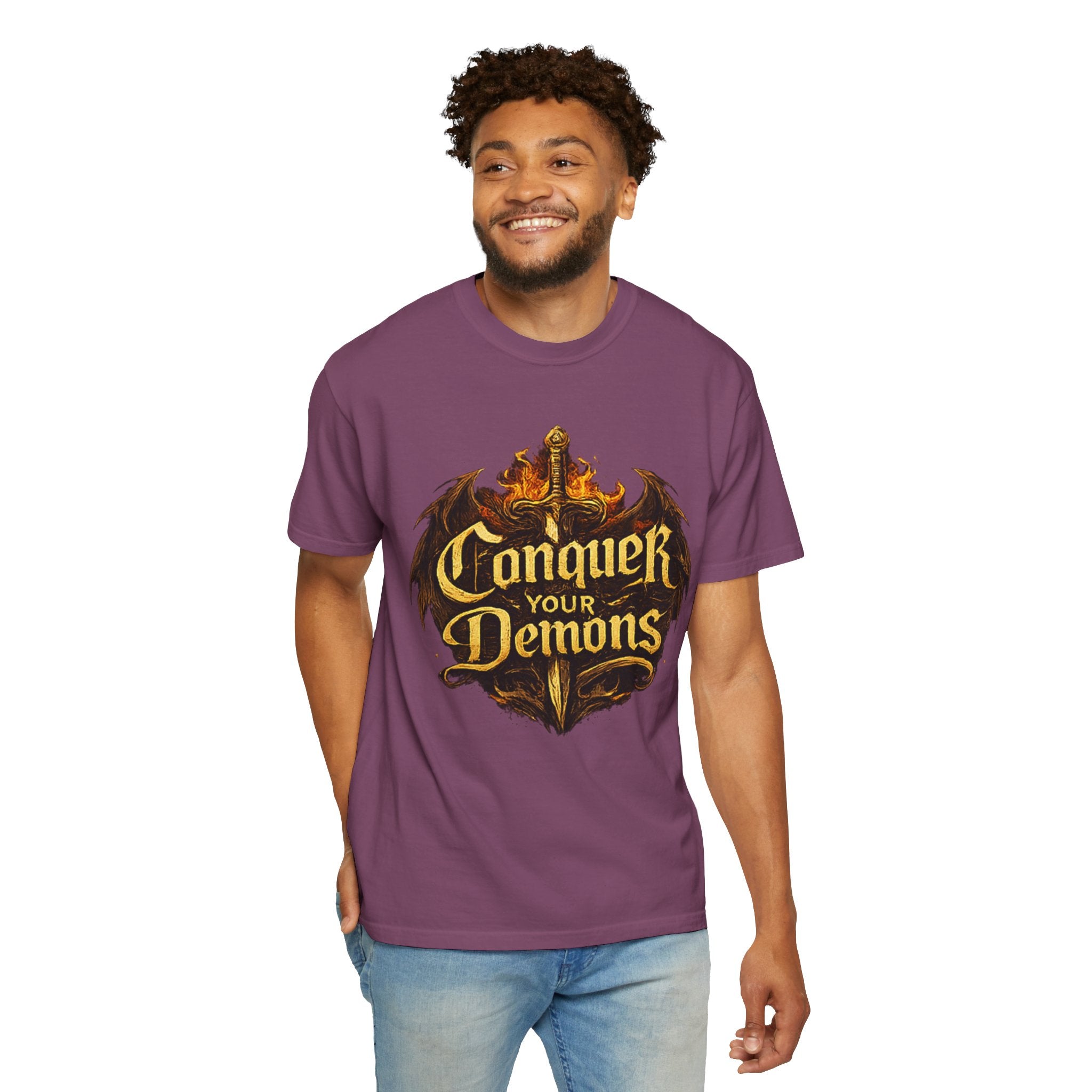 Conquer Your Demons T-Shirt — Gothic Sword & Flames Motivational Tee