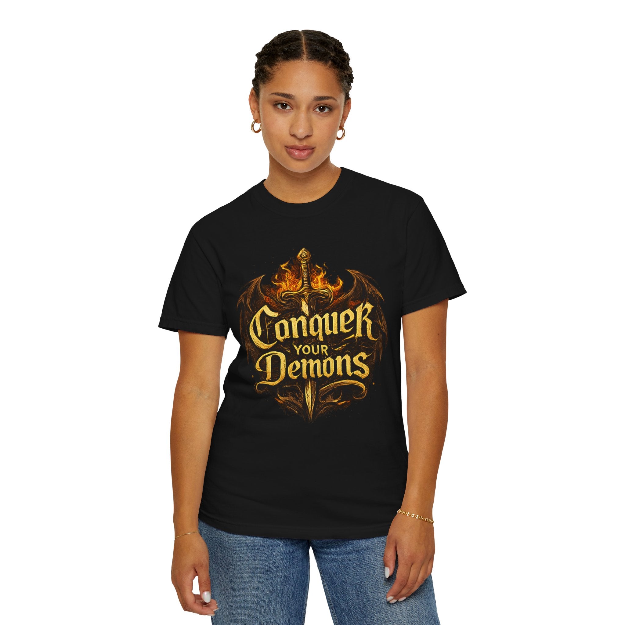 Conquer Your Demons T-Shirt — Gothic Sword & Flames Motivational Tee