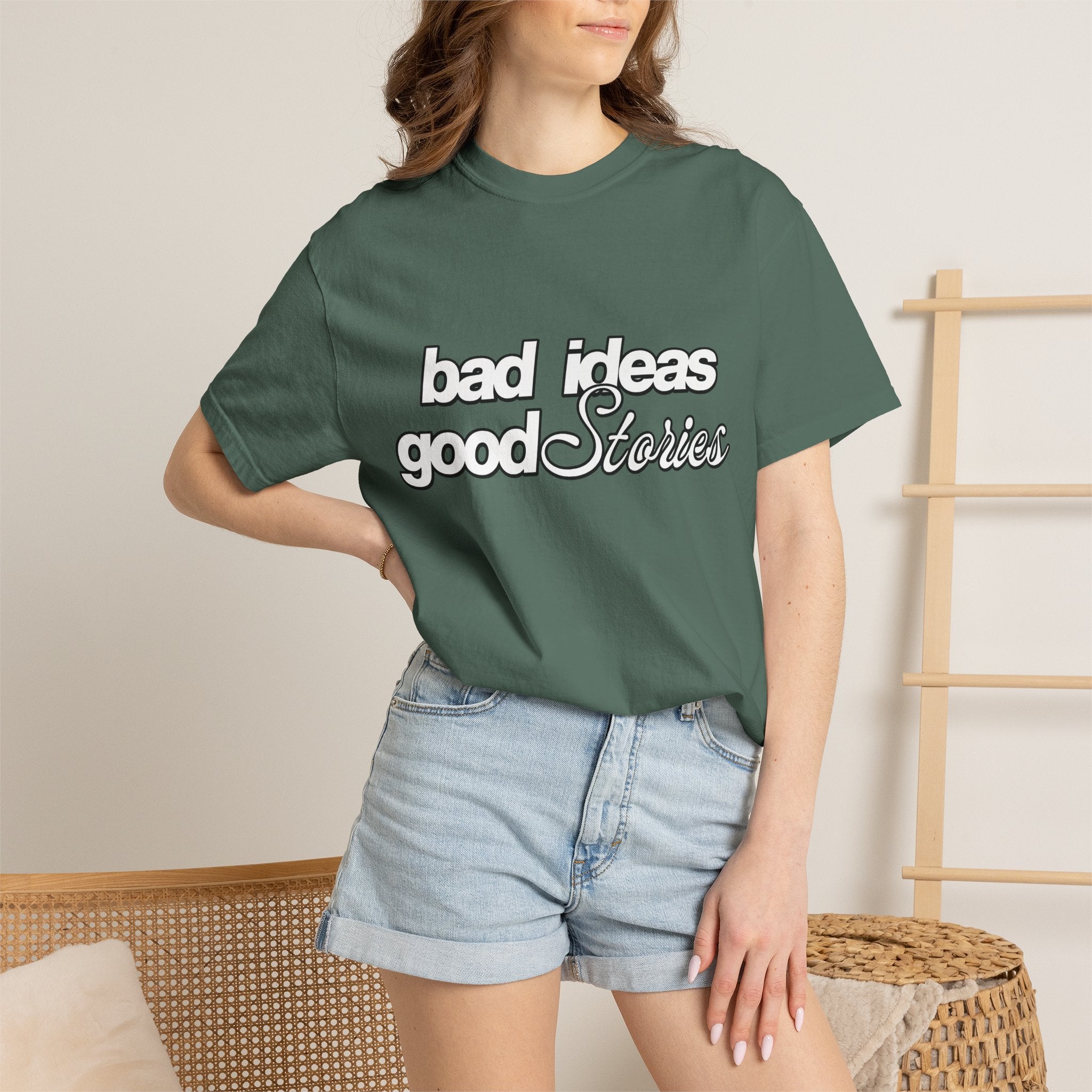 T-Shirt — “bad ideas good stories” Retro Script Tee