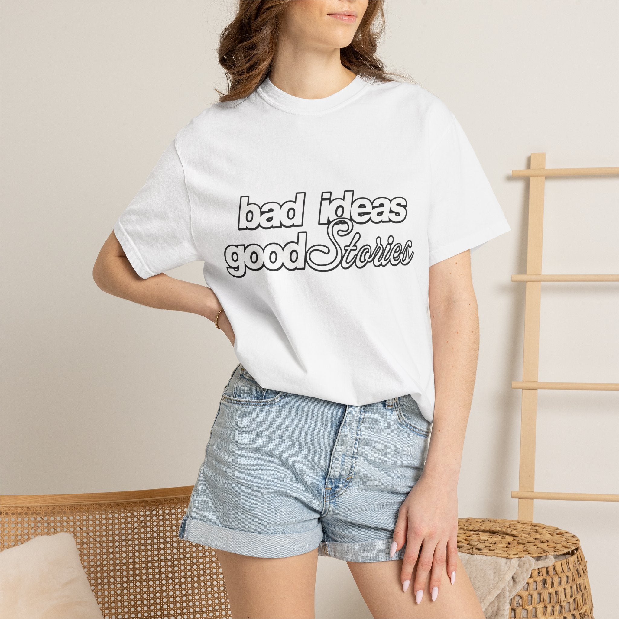 T-Shirt — “bad ideas good stories” Retro Script Tee