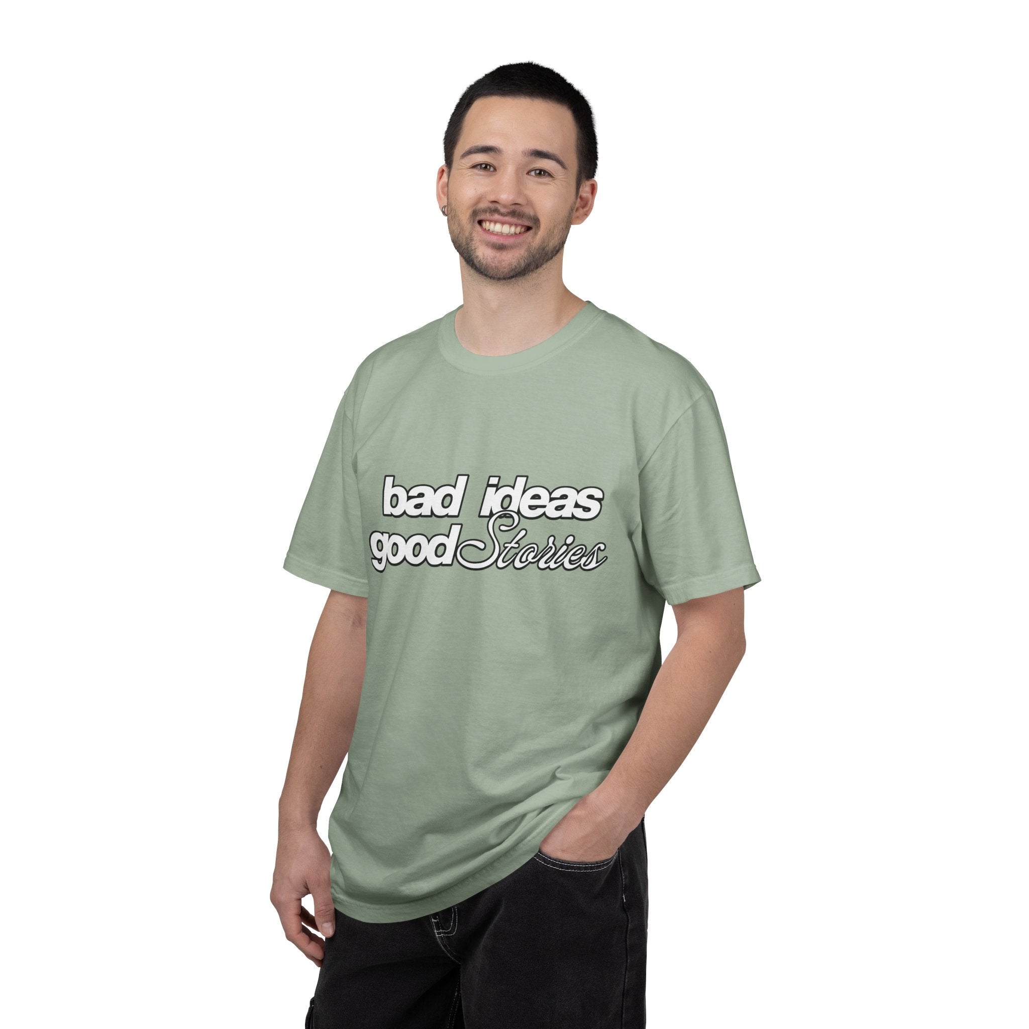 T-Shirt — “bad ideas good stories” Retro Script Tee
