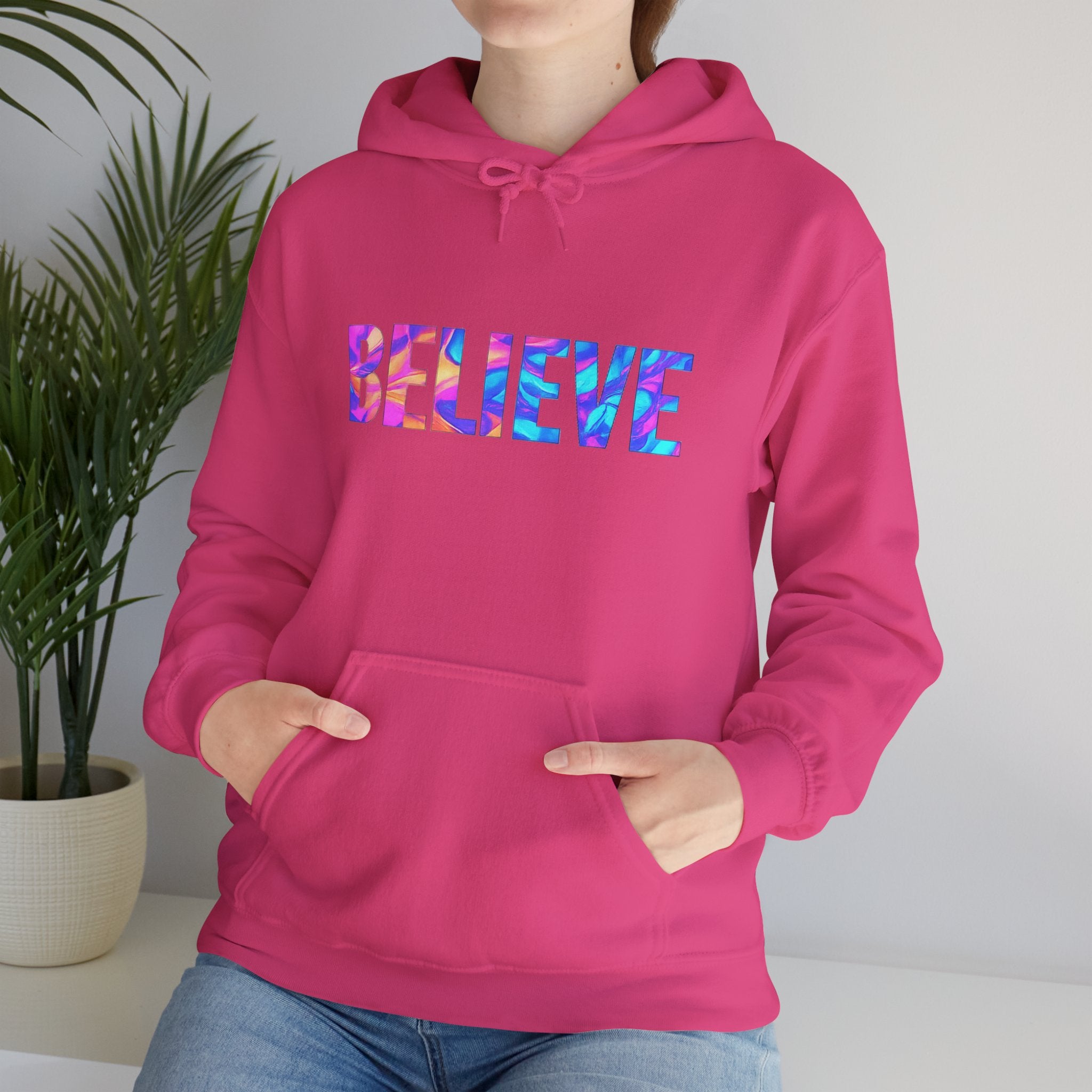 Believe in Yourself Hoodie — Colorful Watercolor Text Inspirational Sweatshirt