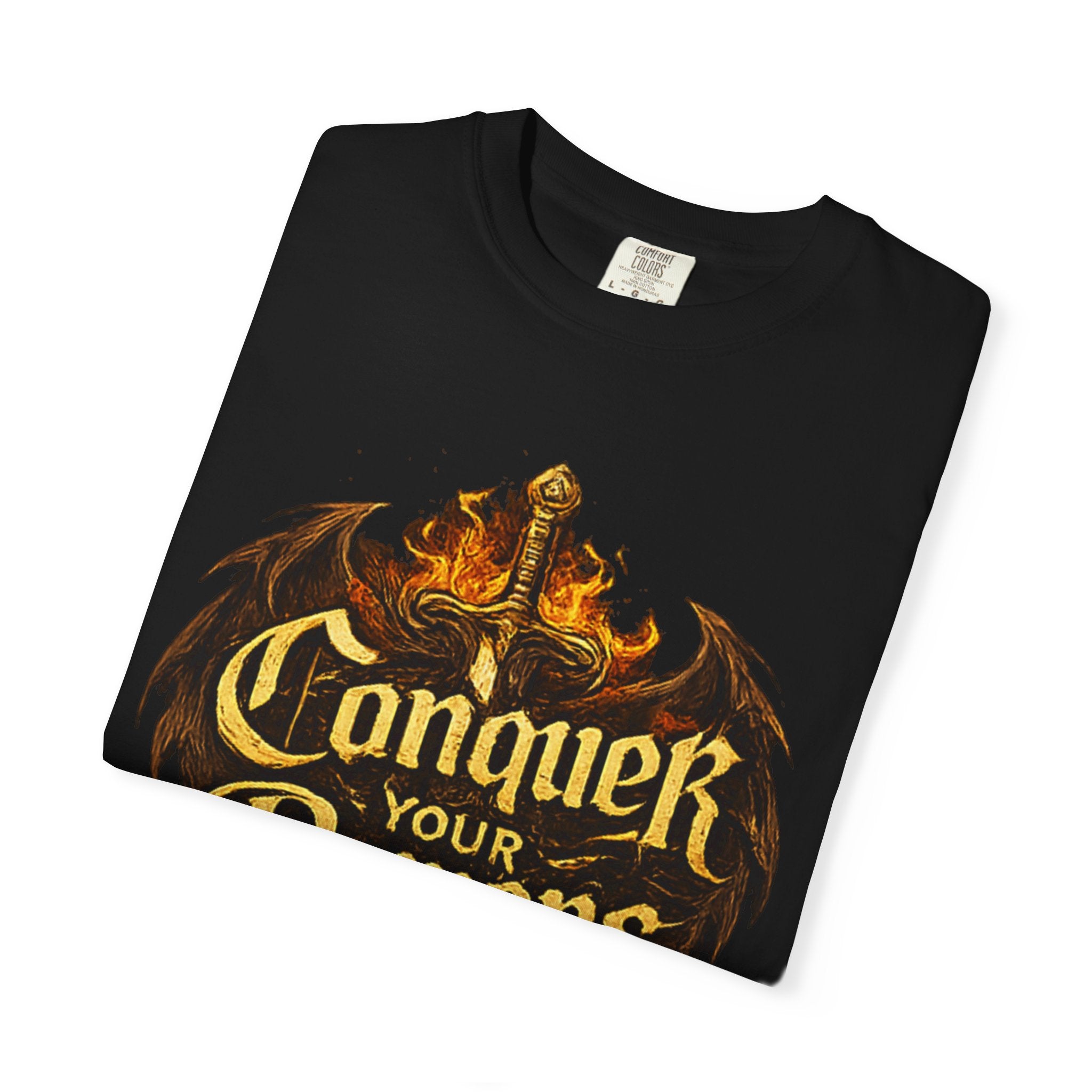 Conquer Your Demons T-Shirt — Gothic Sword & Flames Motivational Tee