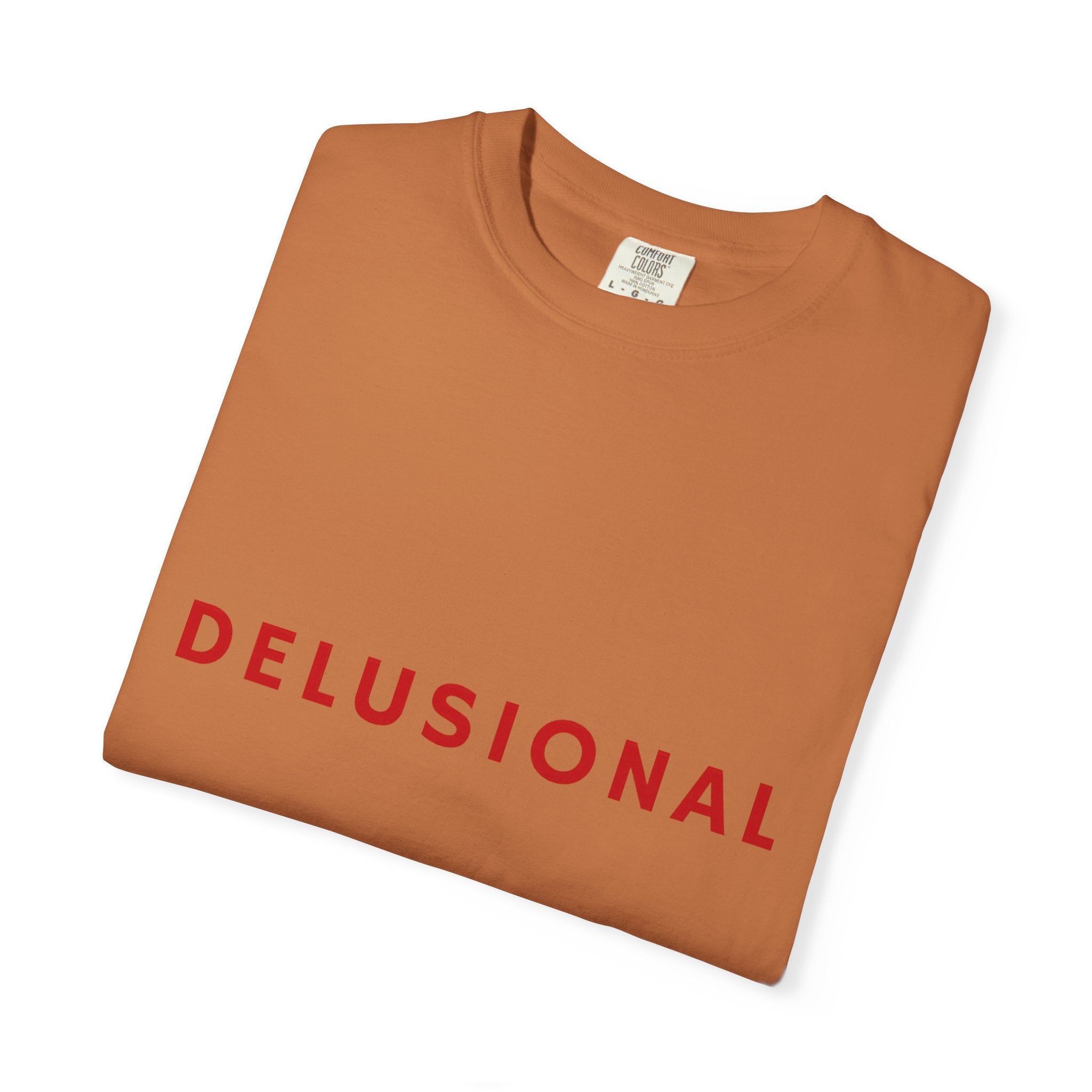 Delusional Graphic T-Shirt — Minimalist Red Text Tee