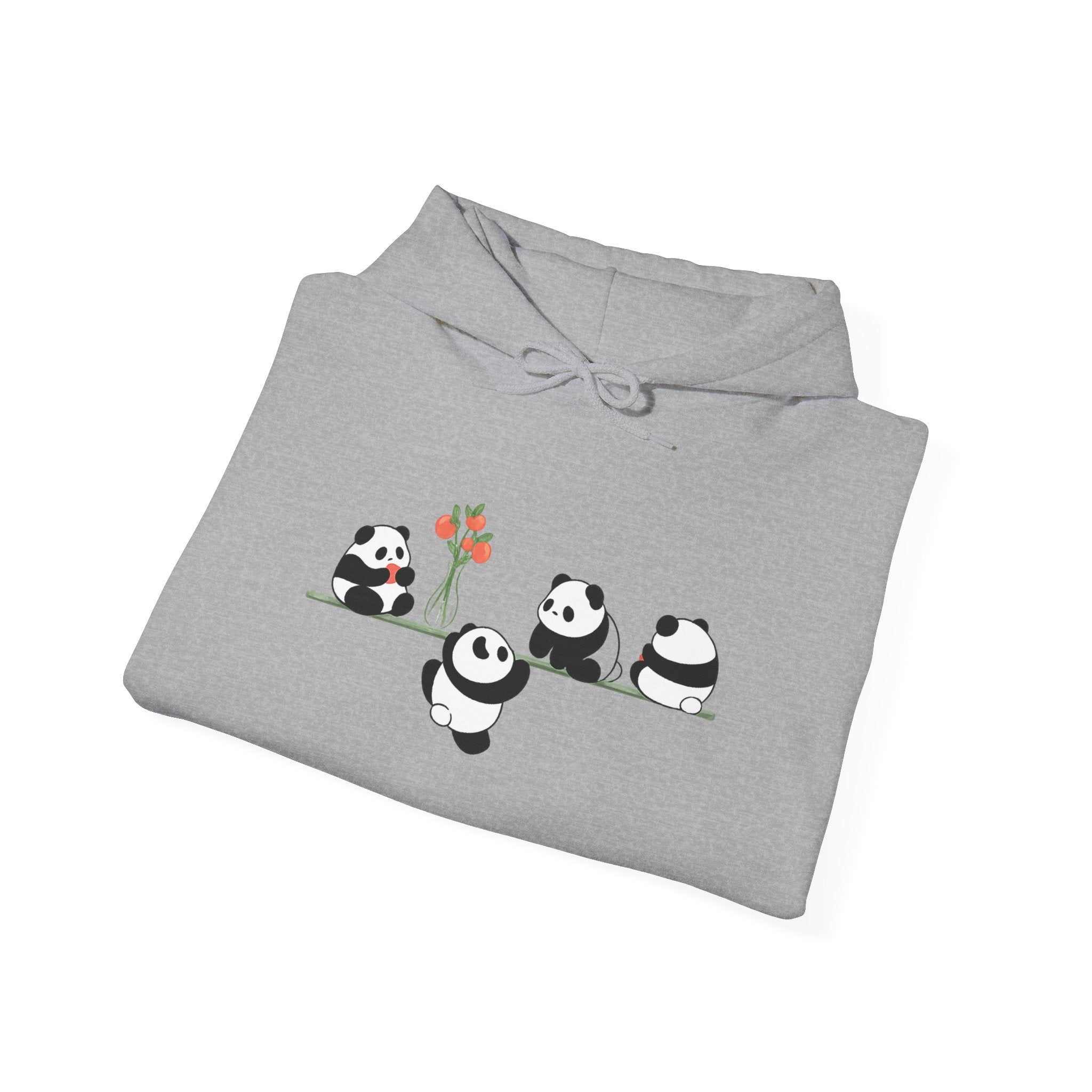 Pandas on a Line Hoodie — Cute Cartoon Pandas Holding Flower Pullover