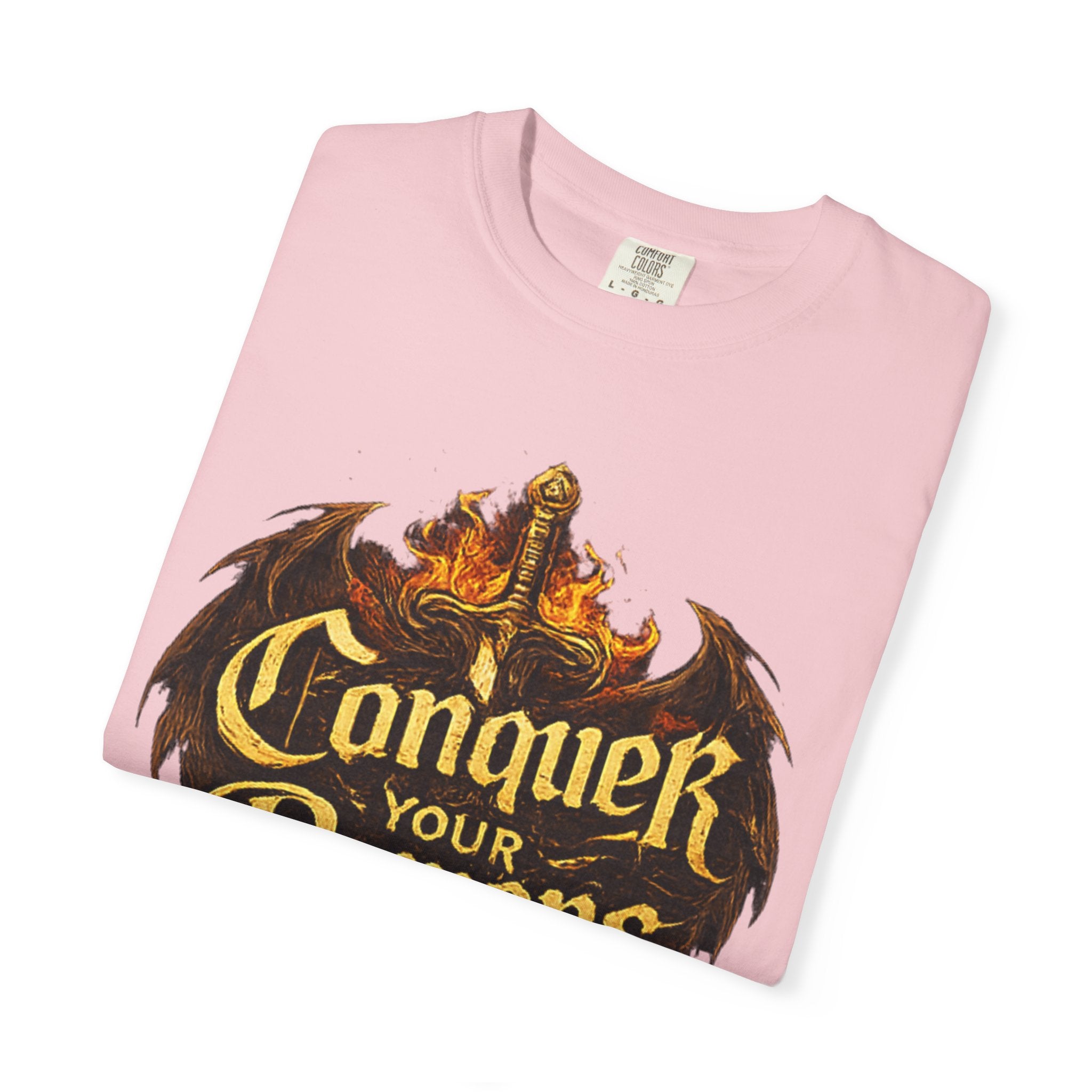 Conquer Your Demons T-Shirt — Gothic Sword & Flames Motivational Tee