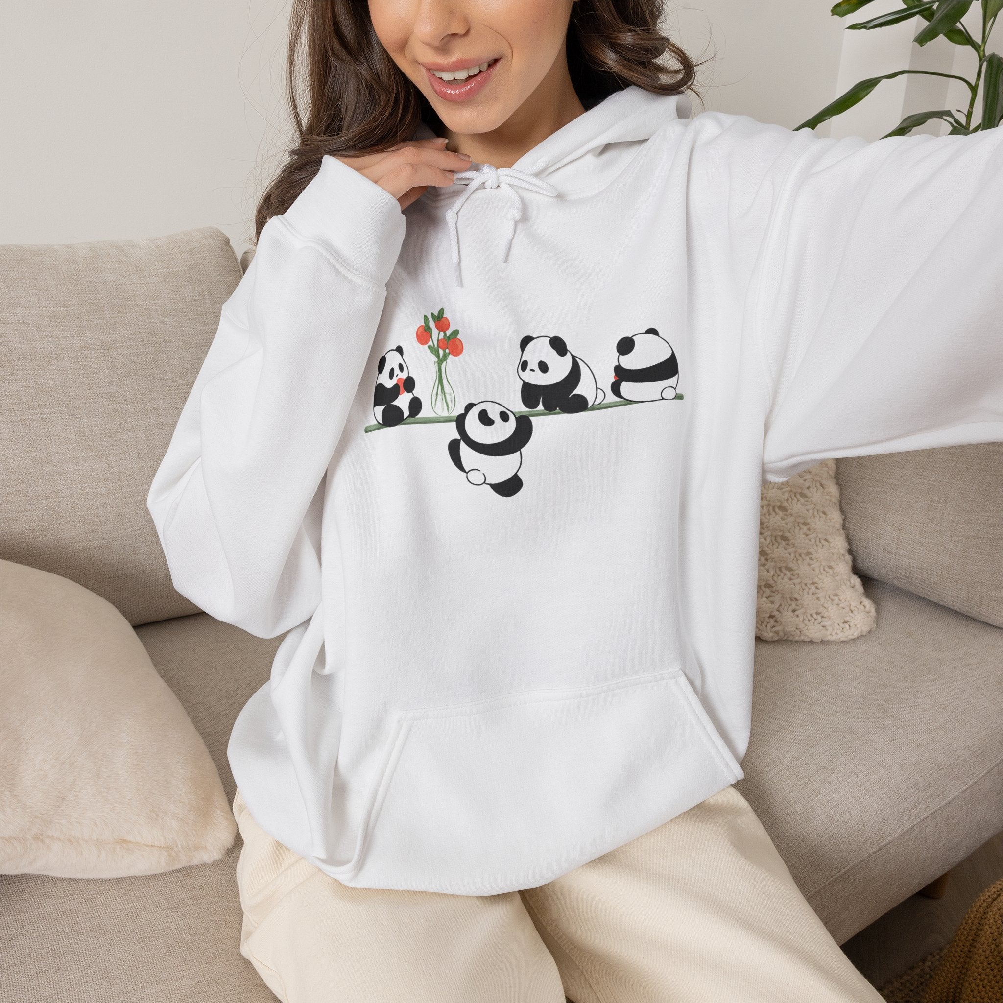 Pandas on a Line Hoodie — Cute Cartoon Pandas Holding Flower Pullover